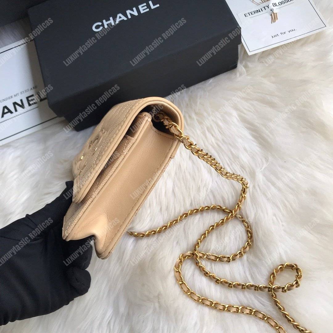 Ch*el wallet on chain – woc cc filigree beige grained calfskin