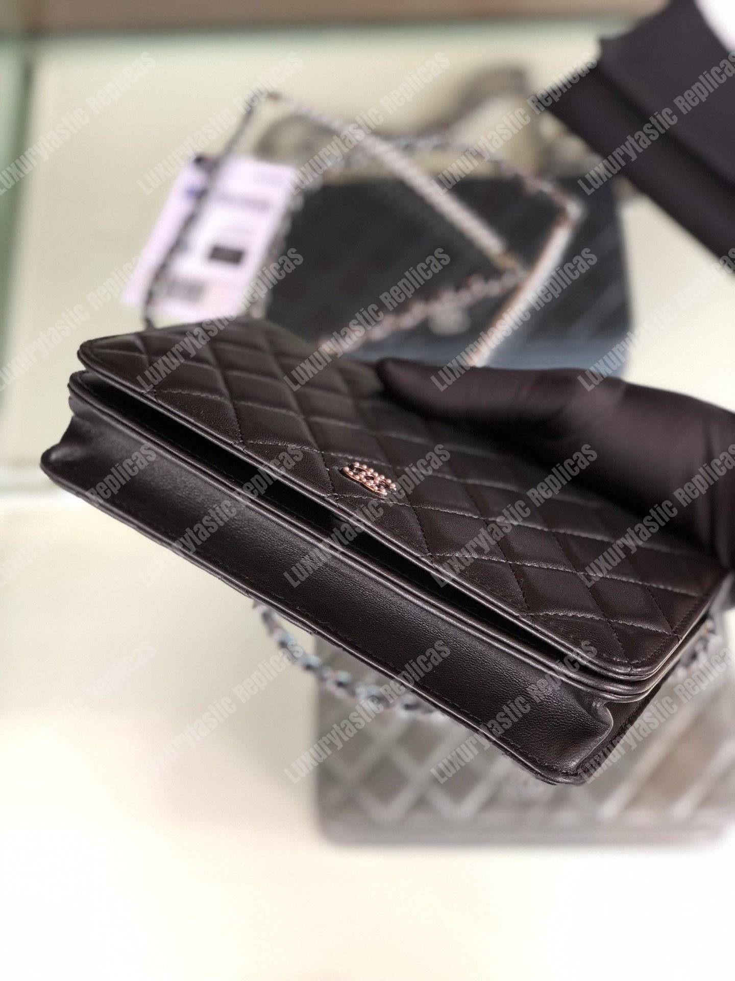 Ch*el pearl wallet on chain – woc classic black lambskin gold-toned