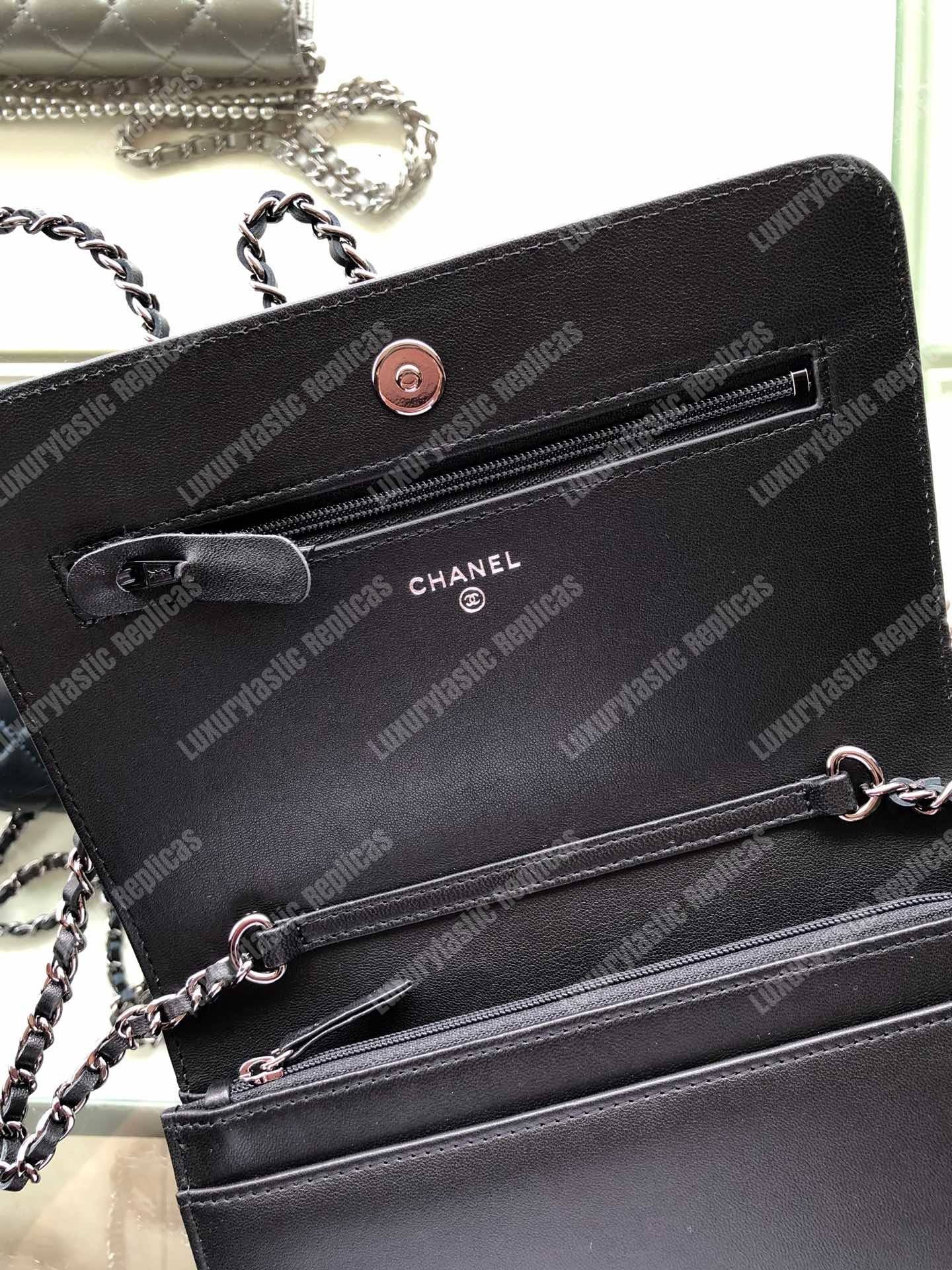 Ch*el pearl wallet on chain – woc classic black lambskin gold-toned