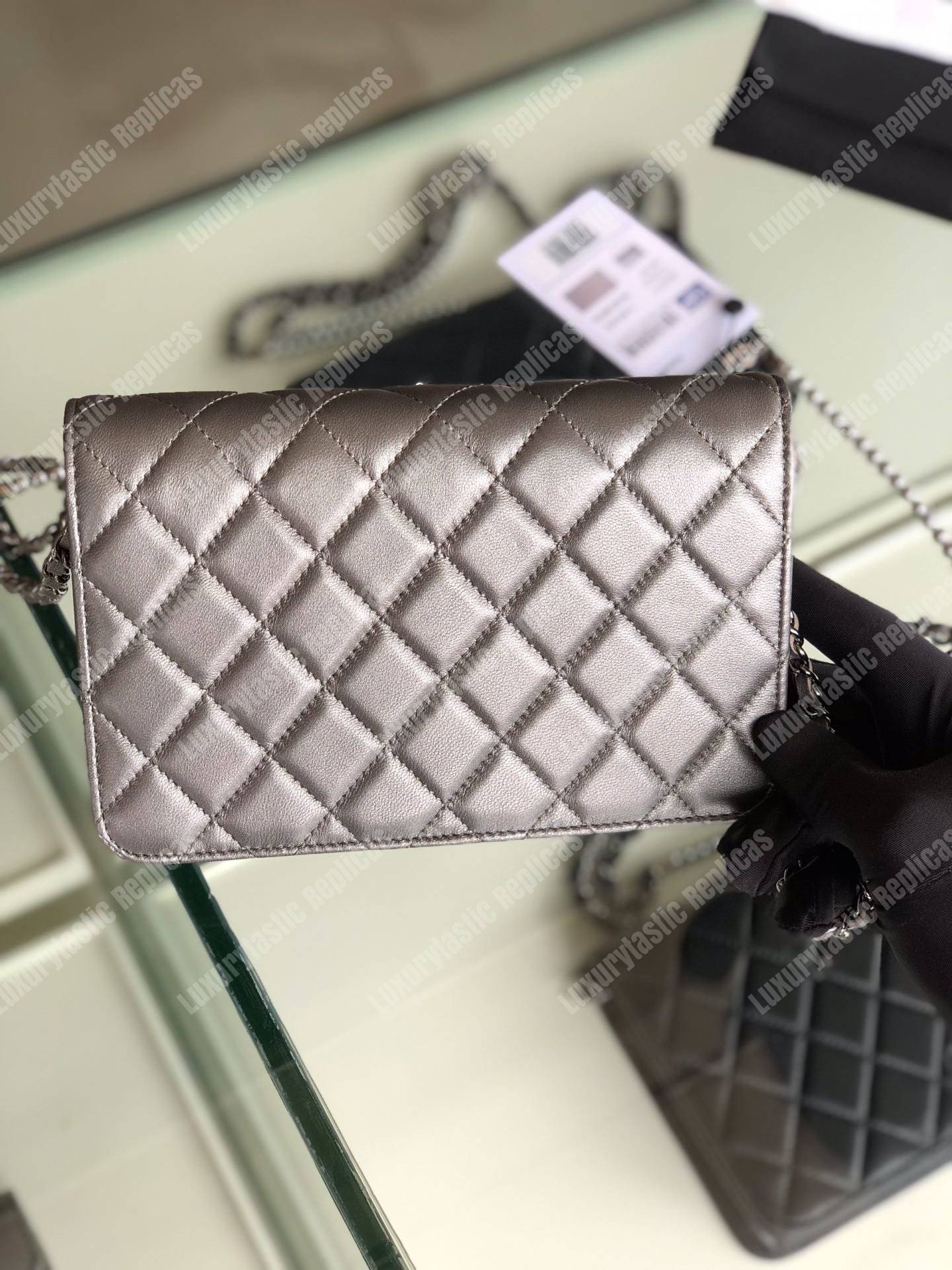 Ch*el pearl wallet on chain – woc classic silver lambskin gold-toned