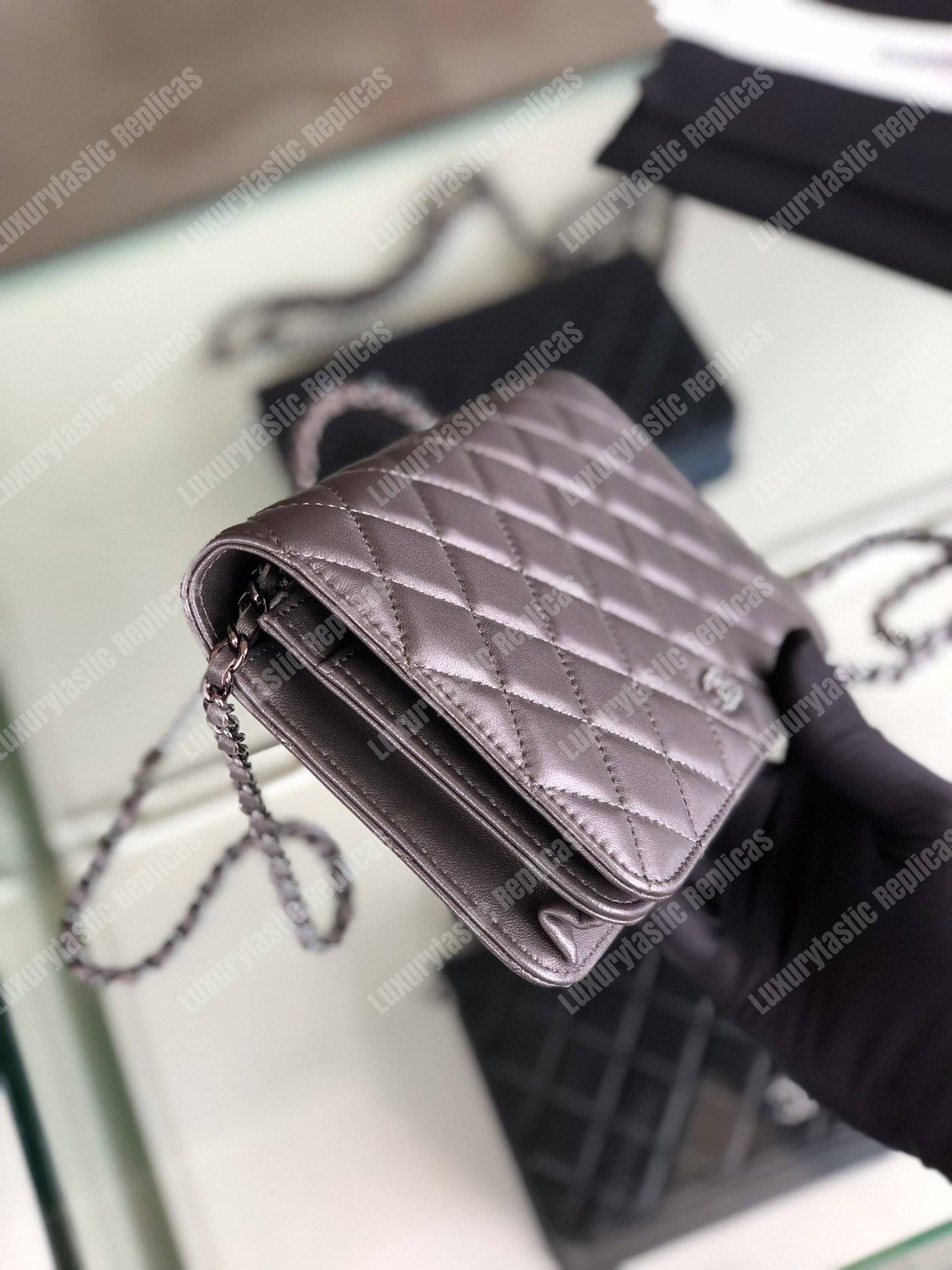 Ch*el pearl wallet on chain – woc classic silver lambskin gold-toned