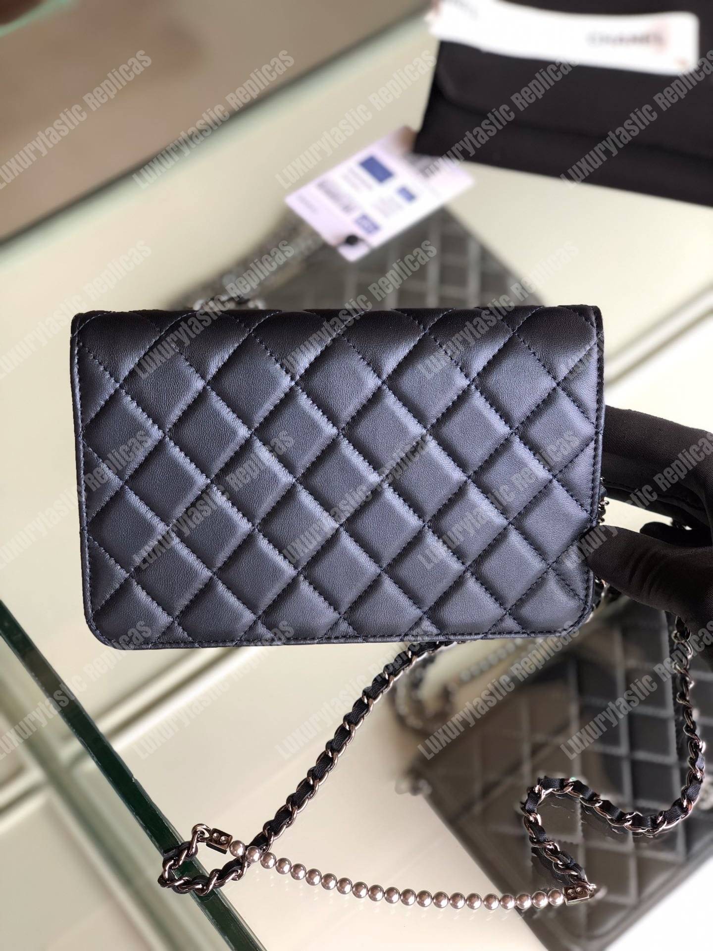 Ch*el pearl wallet on chain – woc classic navy blue lambskin gold-toned