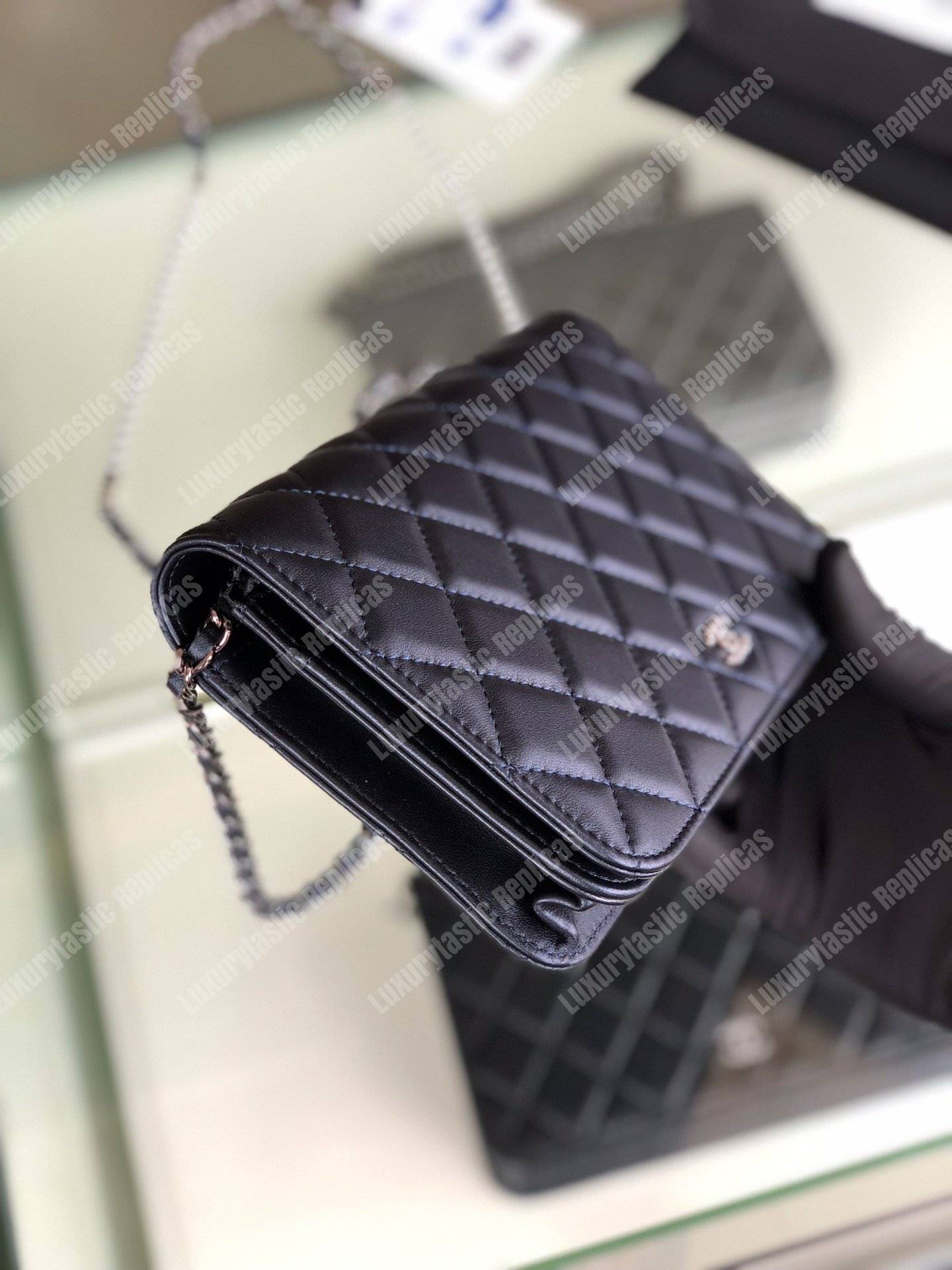 Ch*el pearl wallet on chain – woc classic navy blue lambskin gold-toned