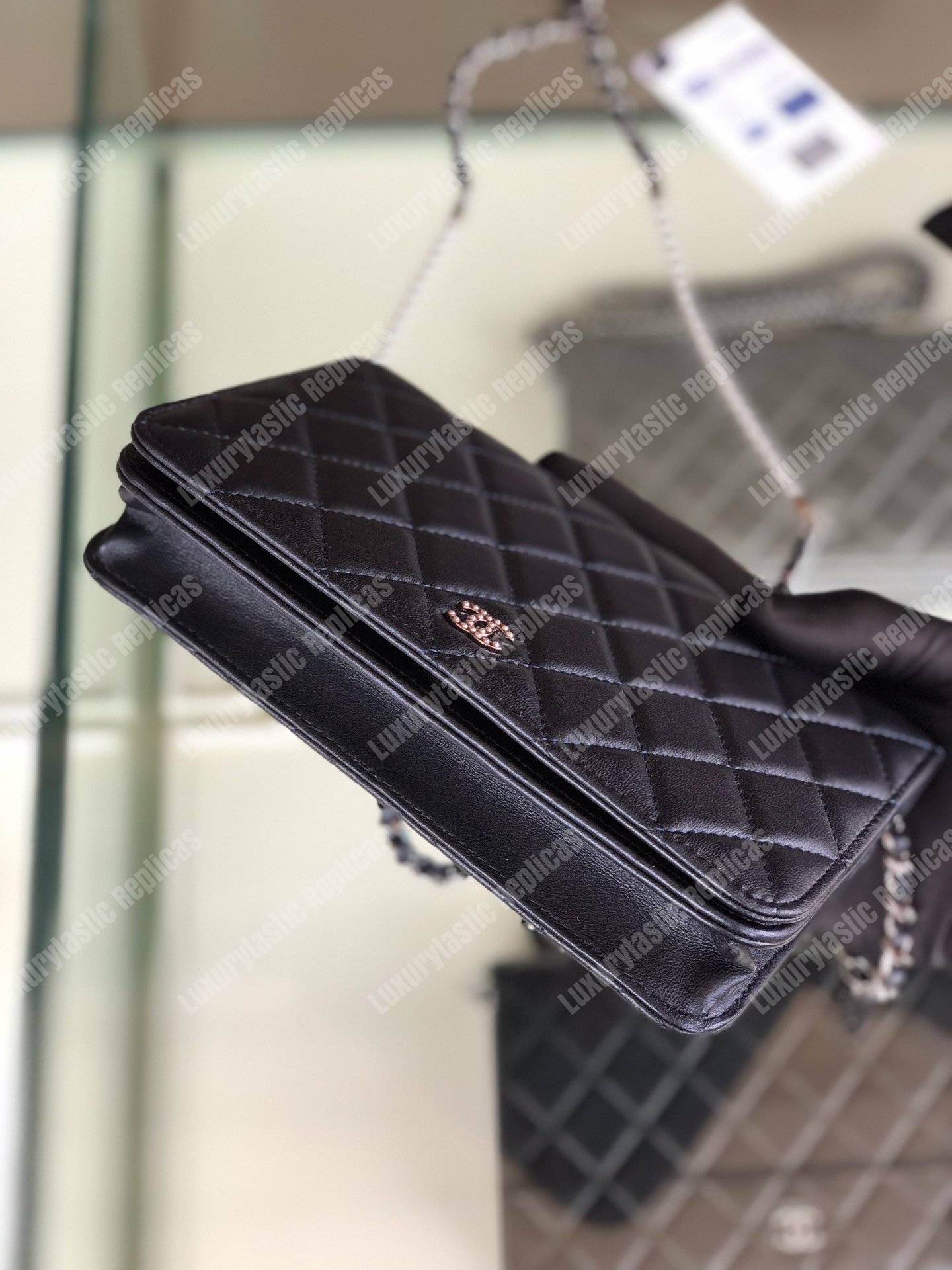 Ch*el pearl wallet on chain – woc classic navy blue lambskin gold-toned