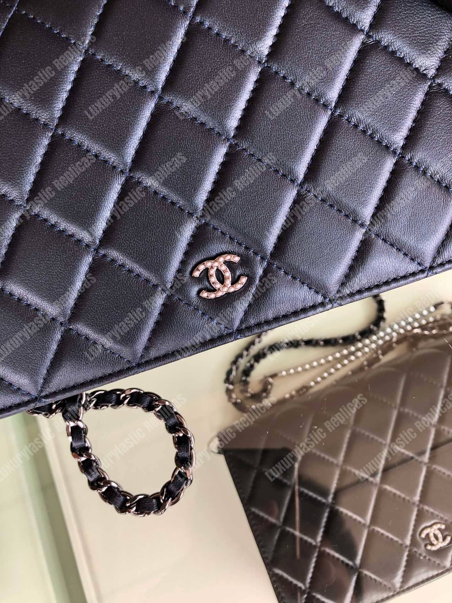 Ch*el pearl wallet on chain – woc classic navy blue lambskin gold-toned