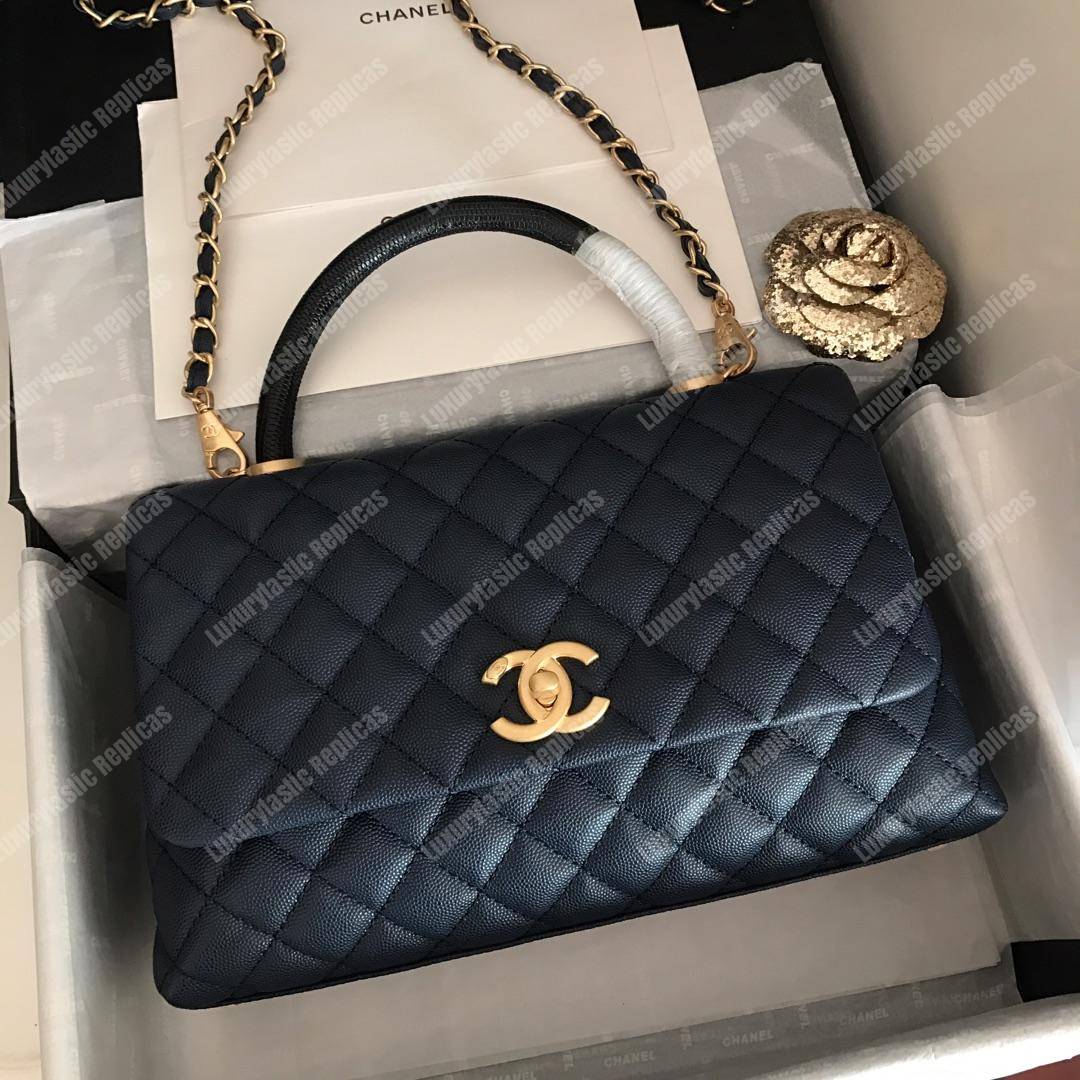 Ch*el flap bag with top handle navy blue