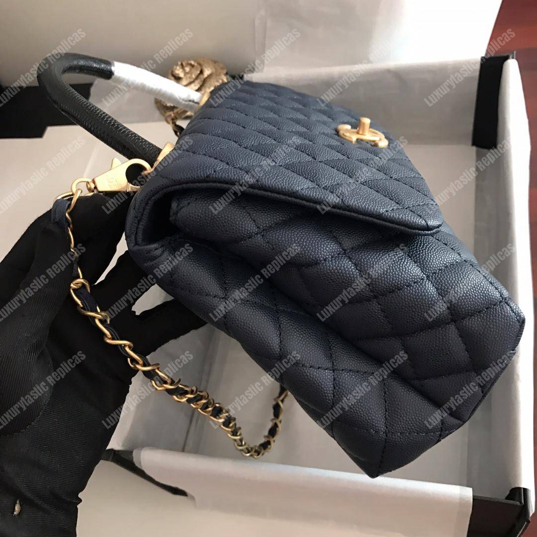 Ch*el flap bag with top handle navy blue