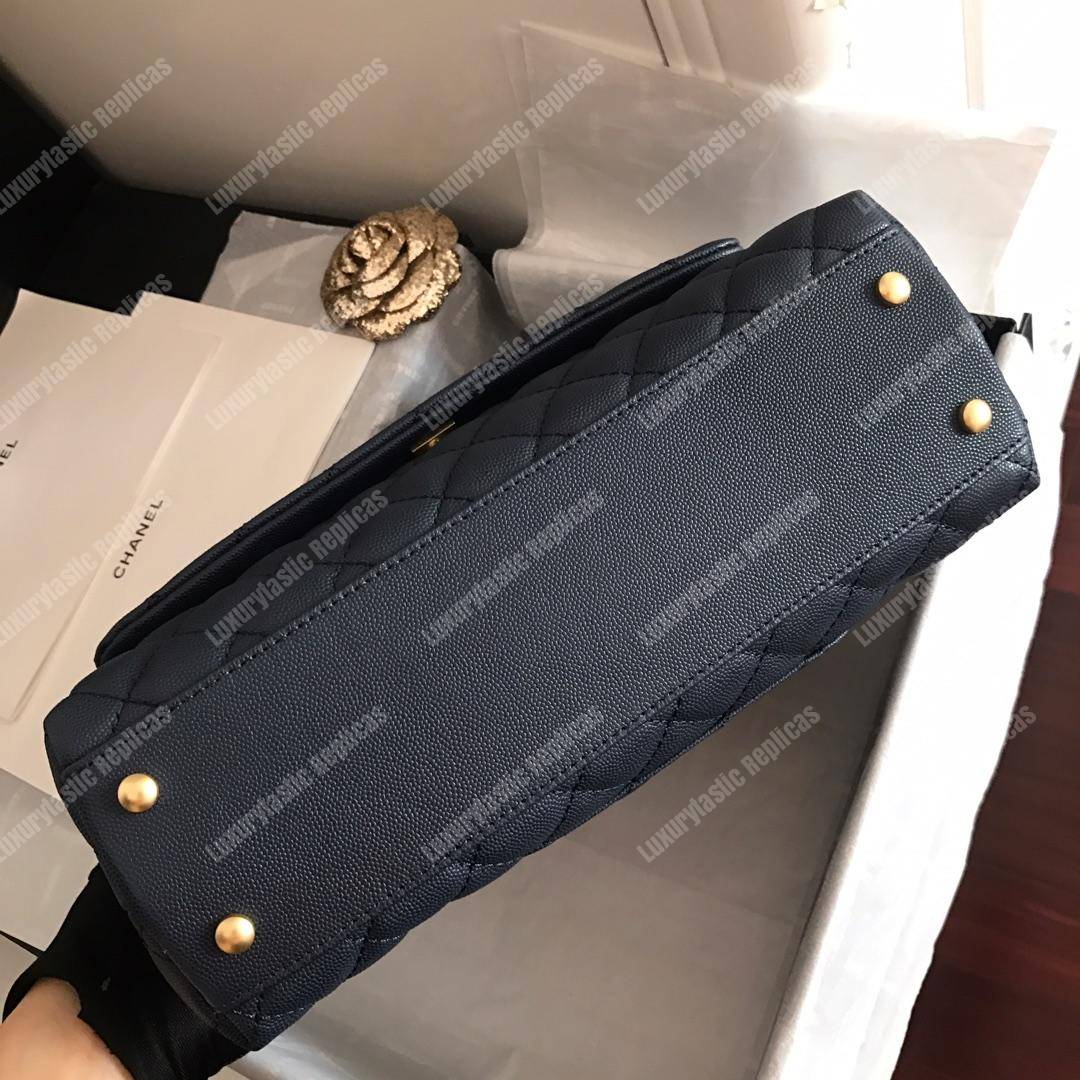 Ch*el flap bag with top handle navy blue