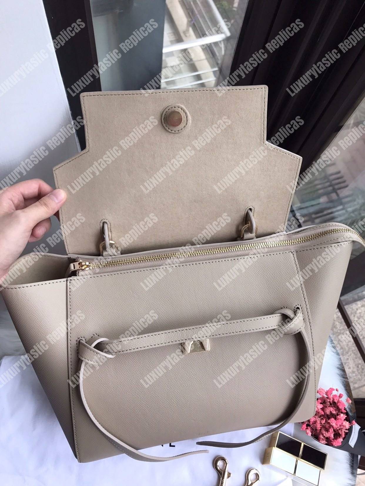 Ce**e mini belt bag in grained calfskin light taupe