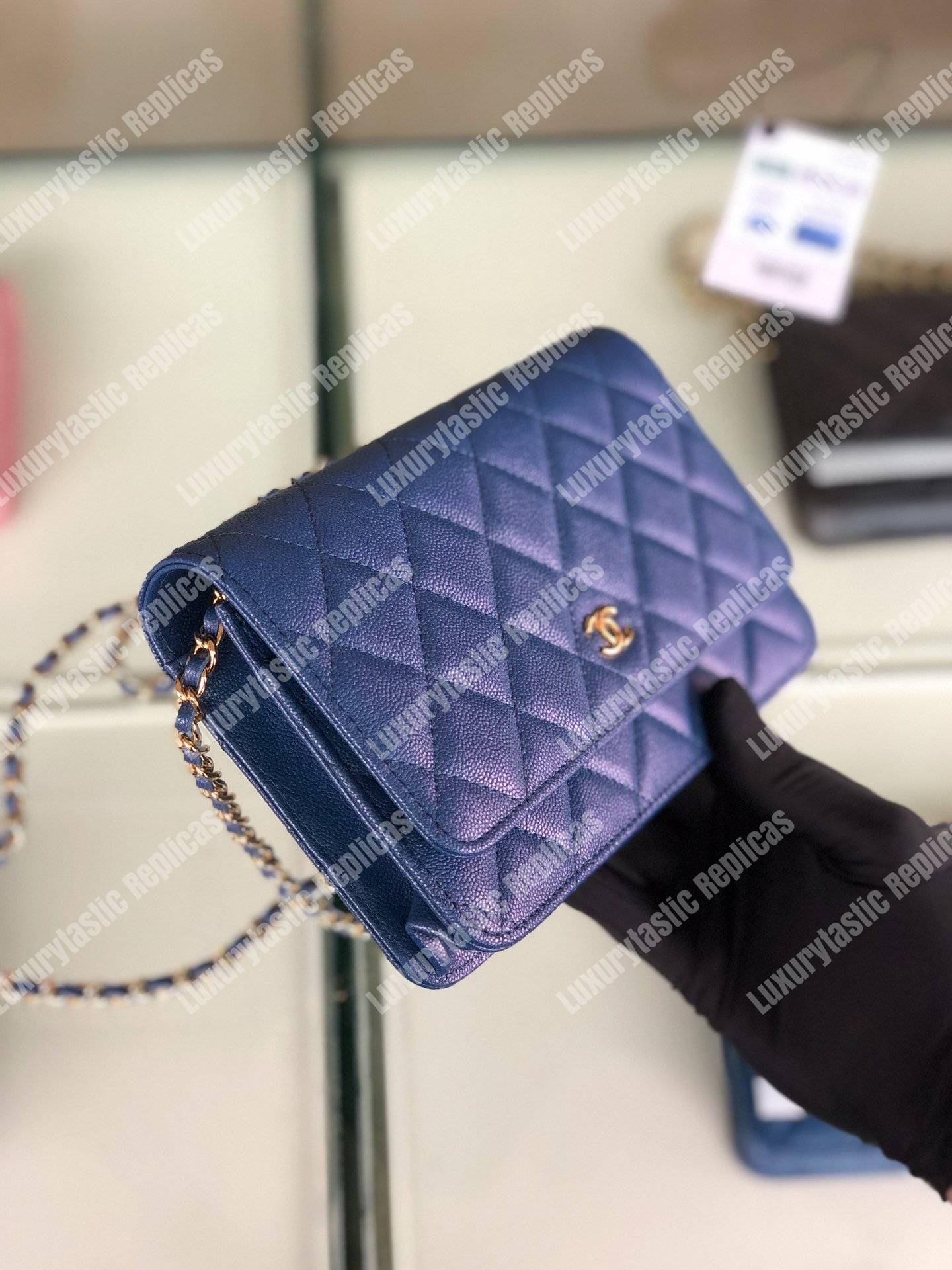 Ch*el wallet on chain – woc classic caviar gold-toned metal blue