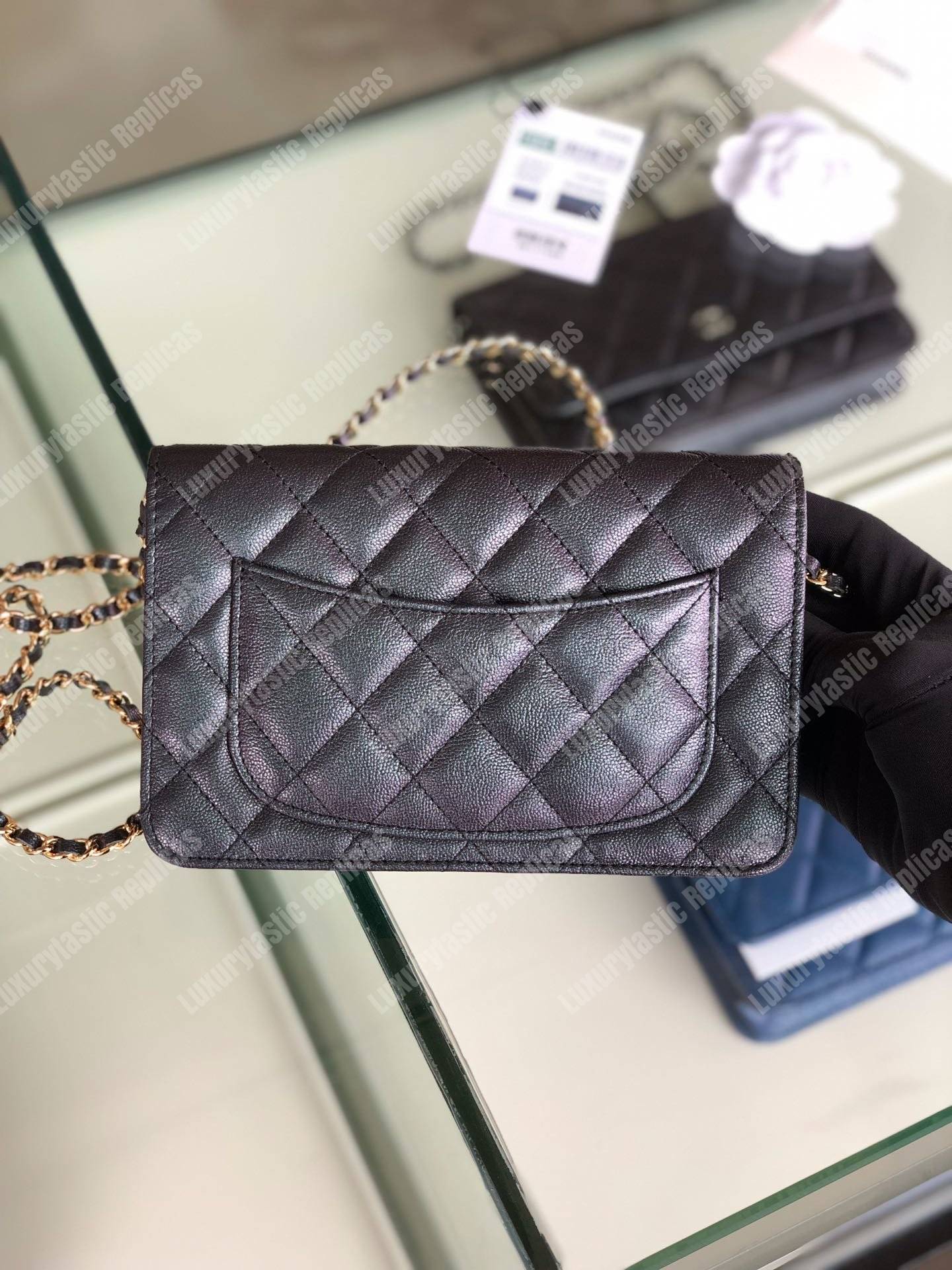 Ch*el wallet on chain – woc classic caviar gold-toned metal dark grey