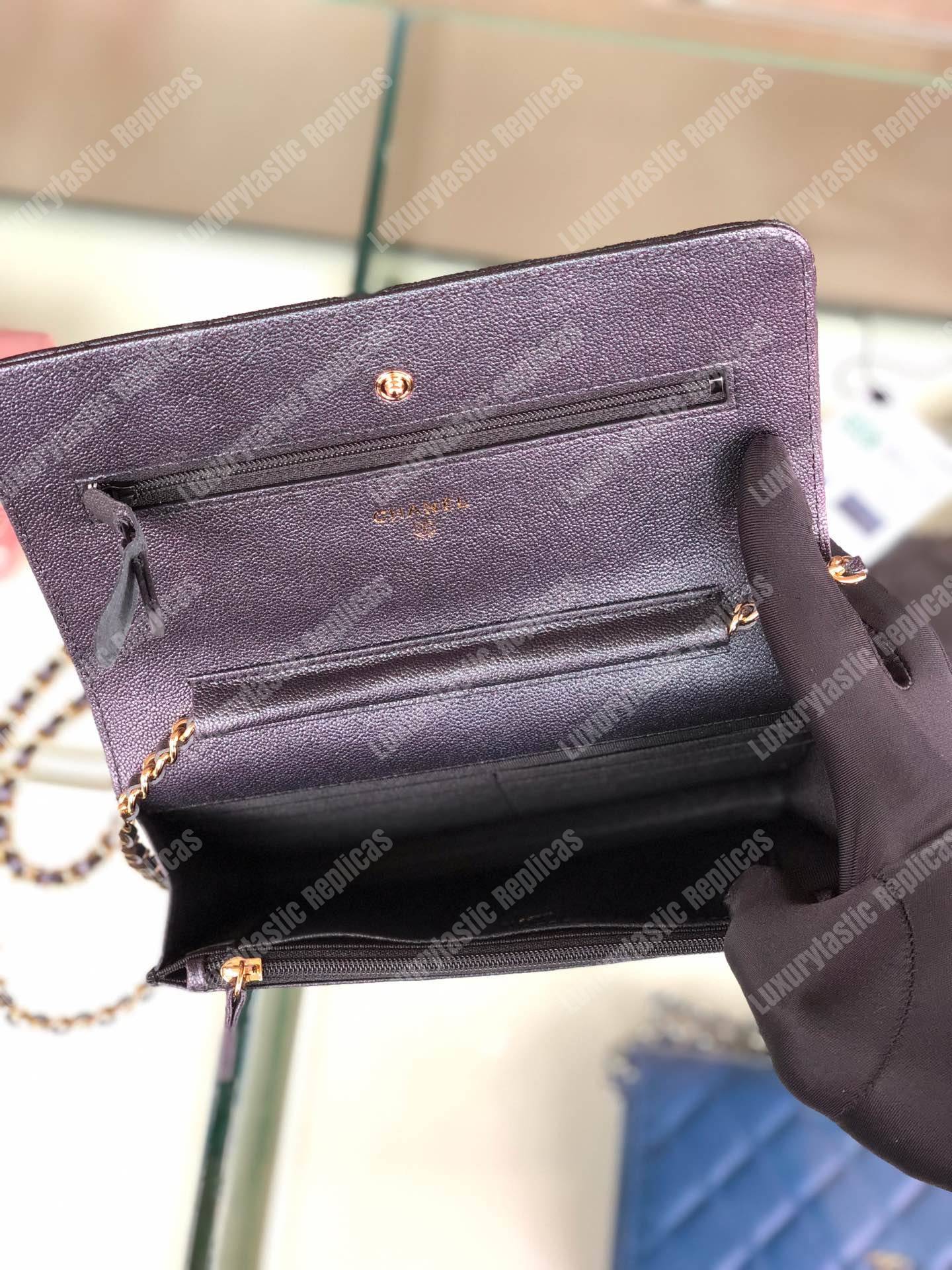 Ch*el wallet on chain – woc classic caviar gold-toned metal dark grey