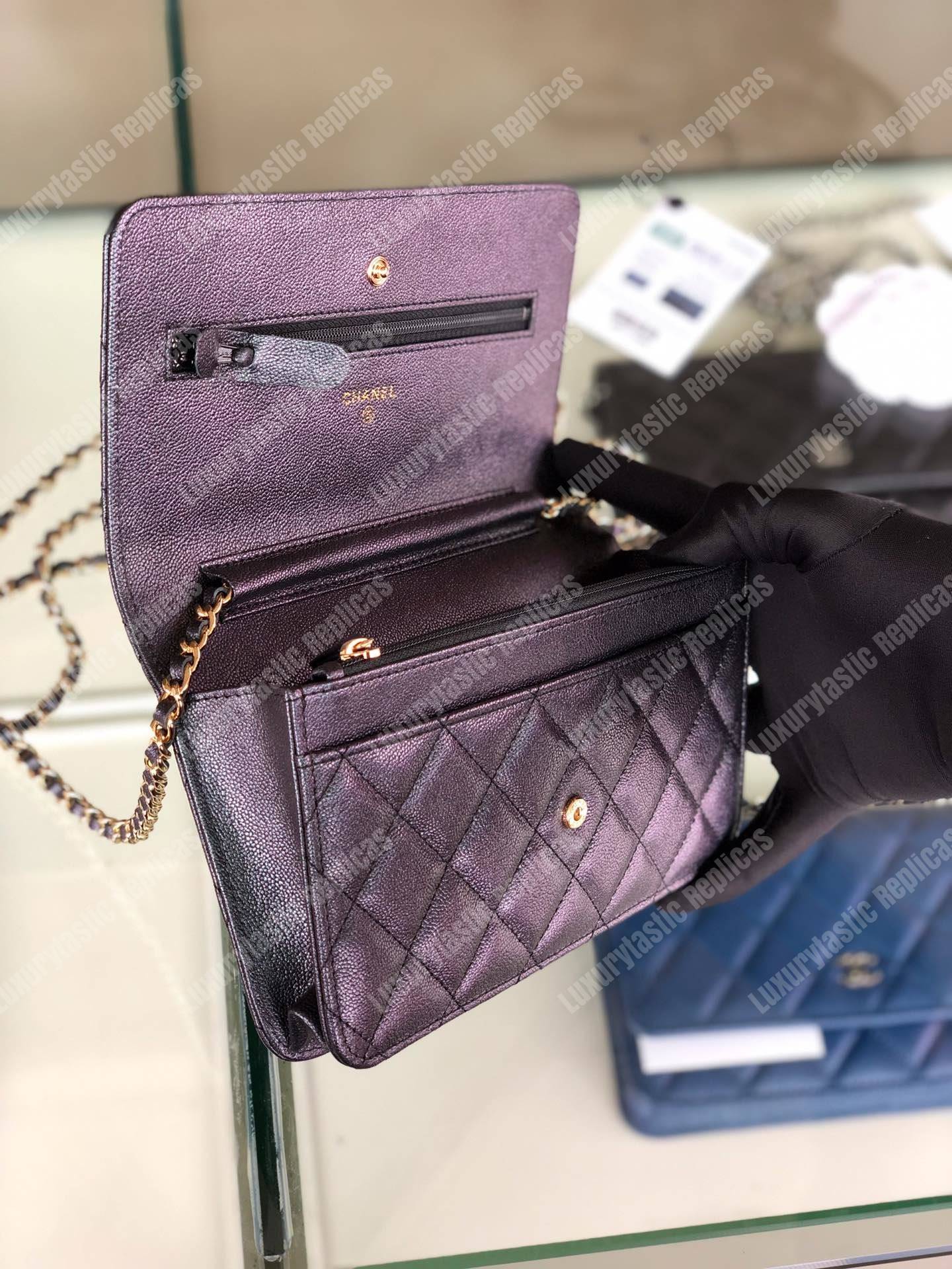 Ch*el wallet on chain – woc classic caviar gold-toned metal dark grey