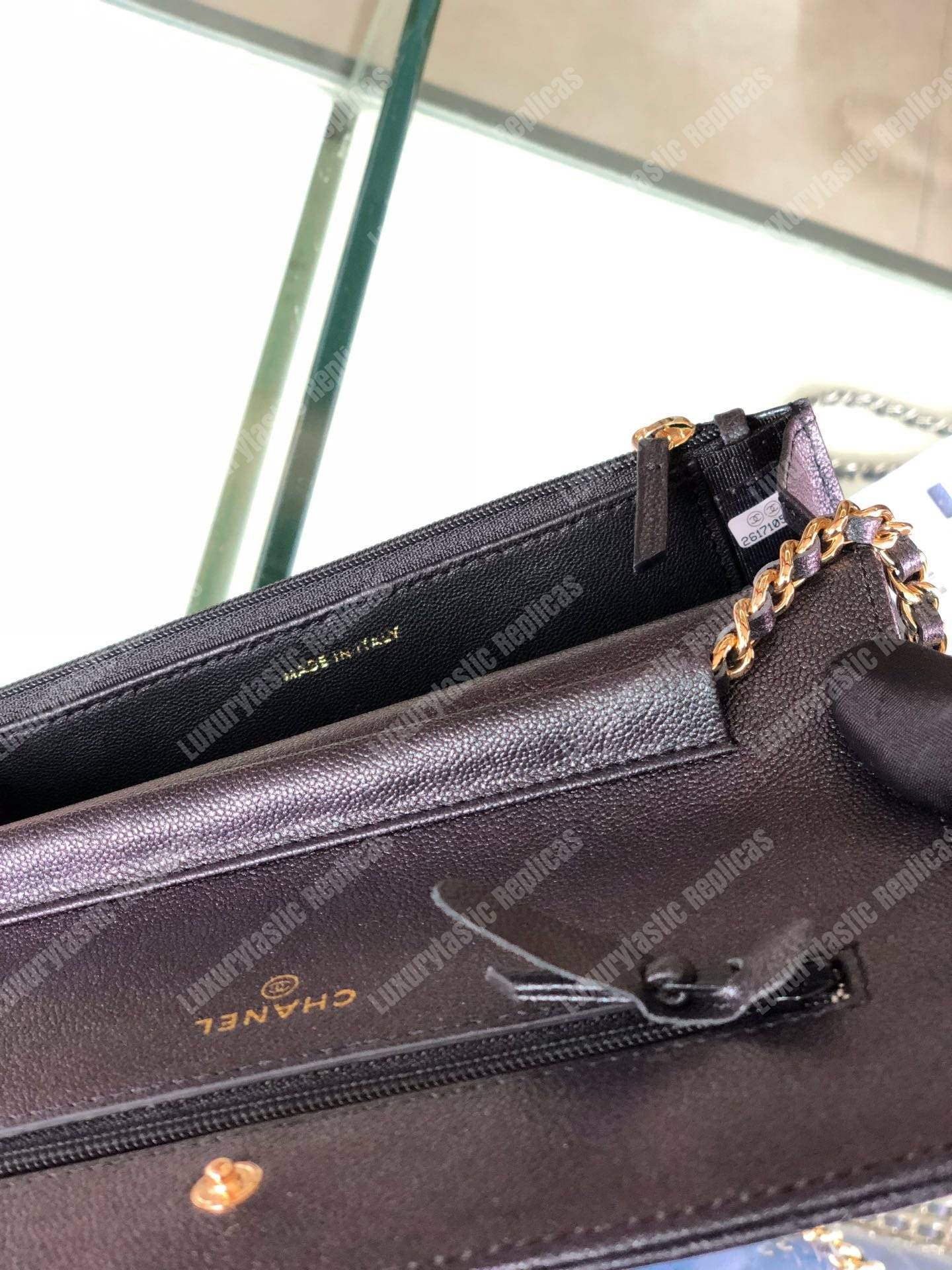 Ch*el wallet on chain – woc classic caviar gold-toned metal dark grey