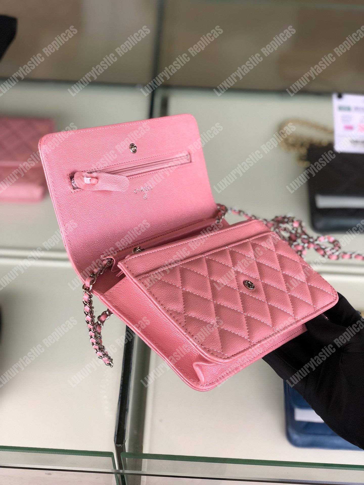 Ch*el wallet on chain – woc classic caviar silver-toned metal pink
