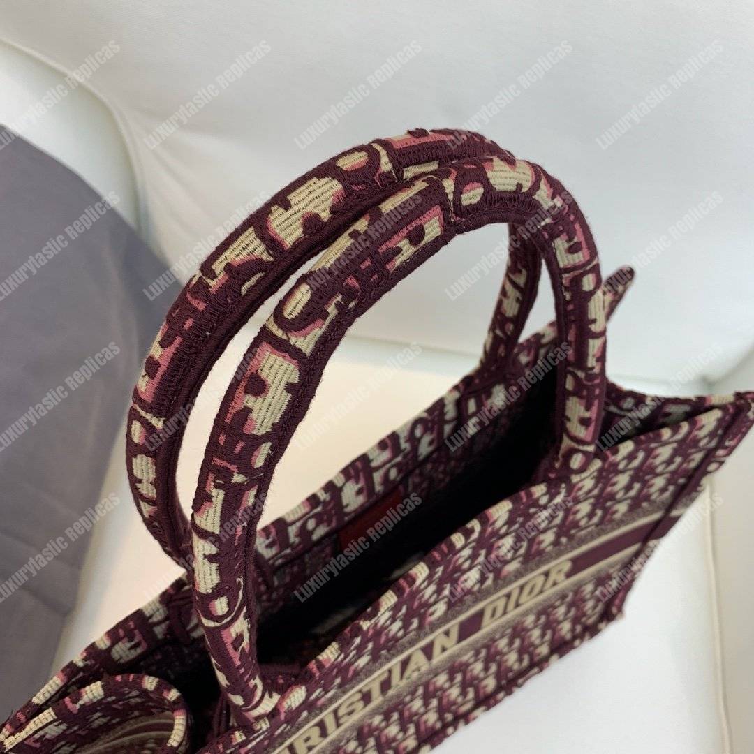 mini D*or book tote bag in embroidered canvas burgundy D*or oblique