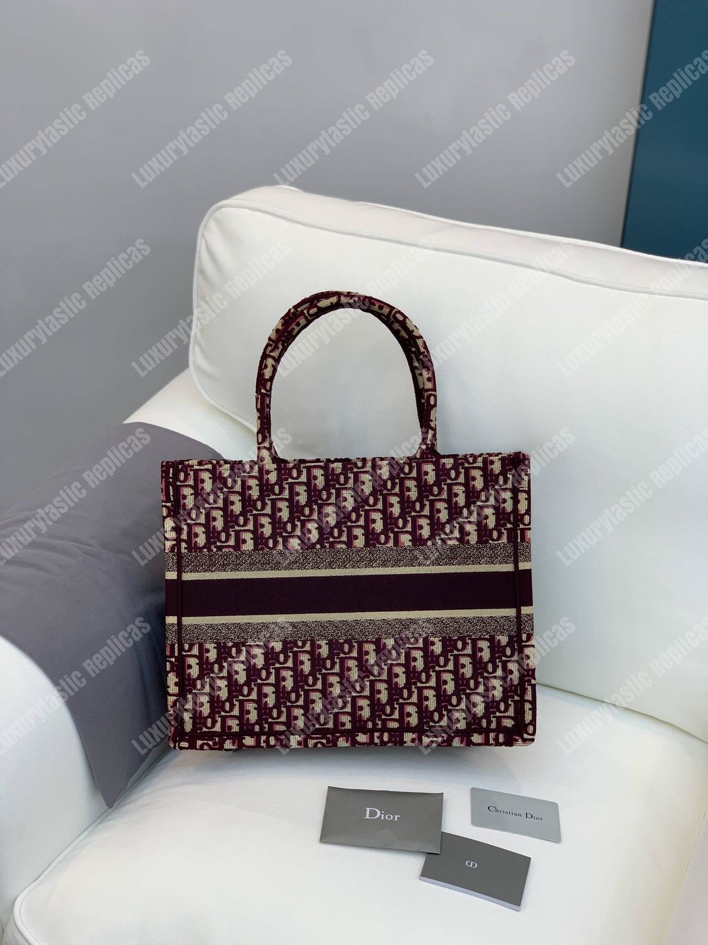 mini D*or book tote bag in embroidered canvas burgundy D*or oblique