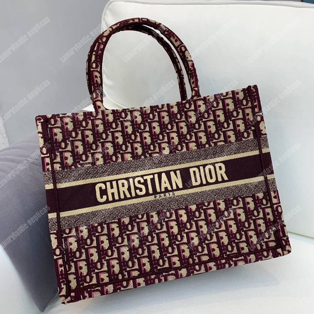 mini D*or book tote bag in embroidered canvas burgundy D*or oblique