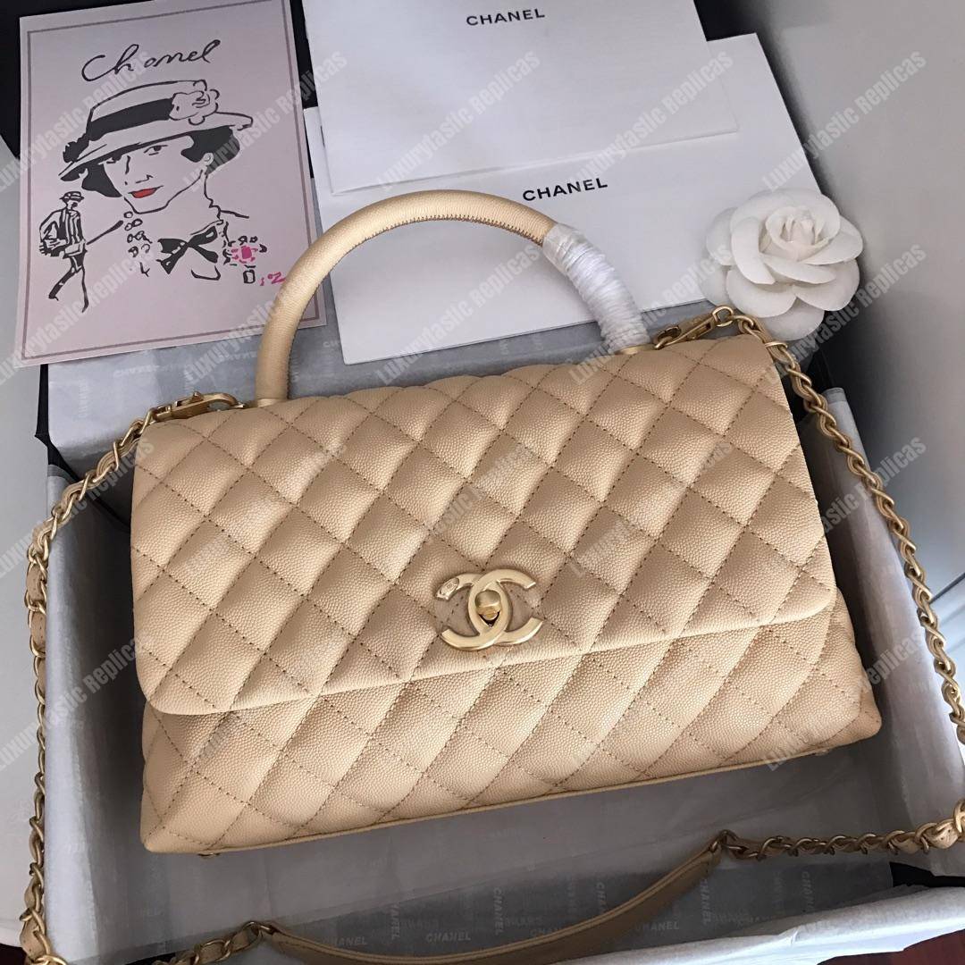 Ch*el flap bag with top handle beige