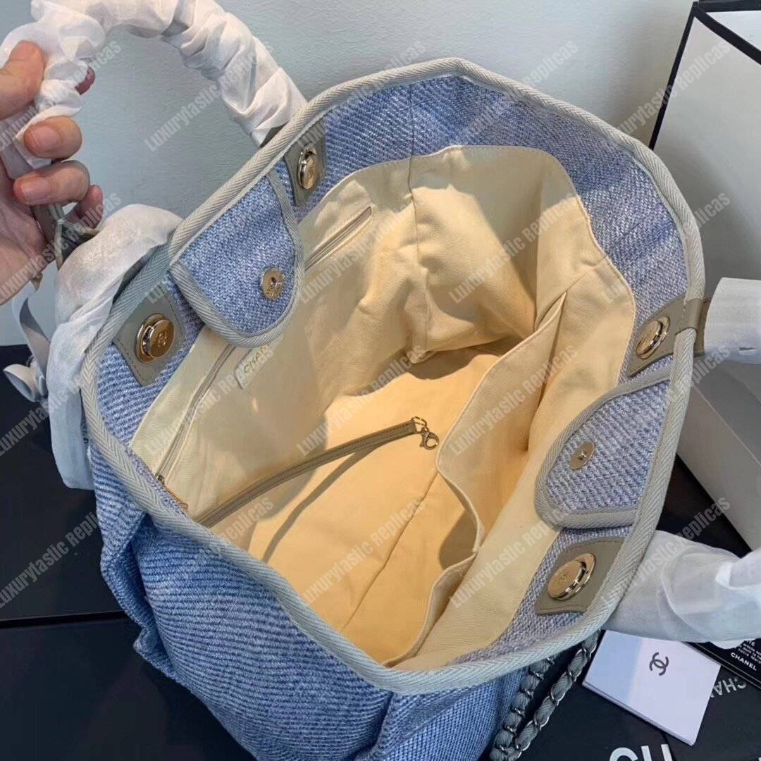 Ch*el deauville fabric tote seaglass/navy blue