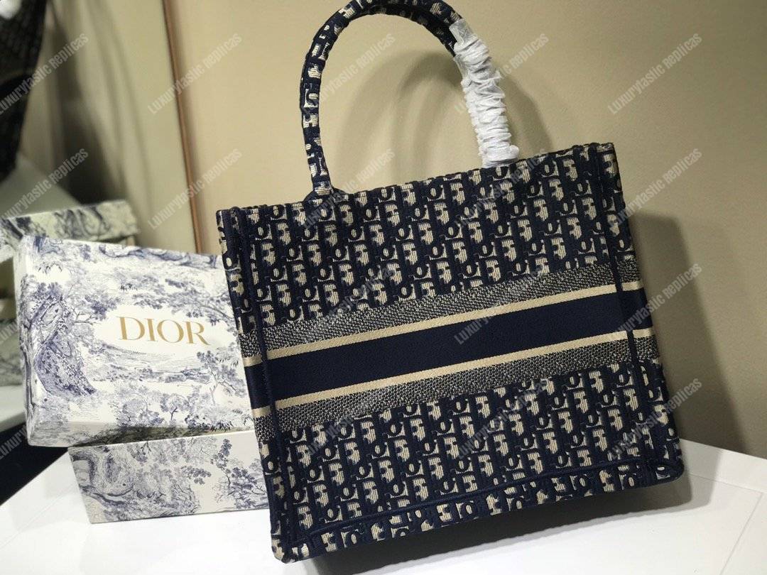 mini D*or book tote bag in embroidered canvas blue D*or oblique