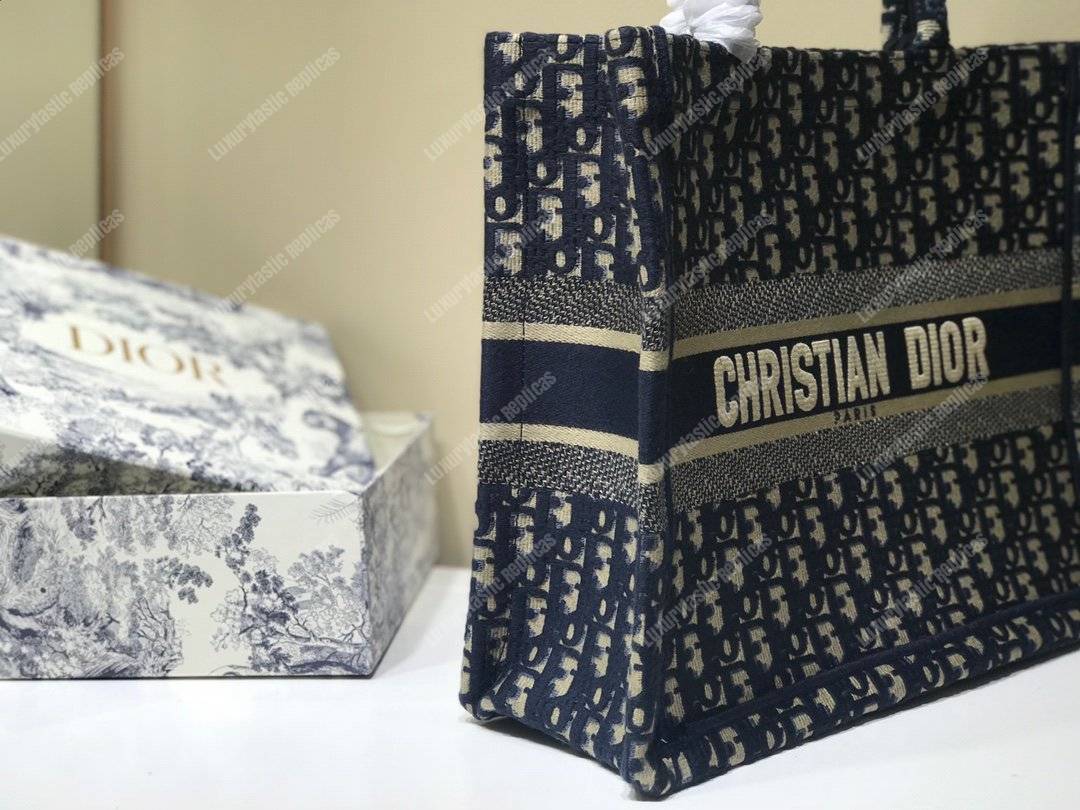 mini D*or book tote bag in embroidered canvas blue D*or oblique