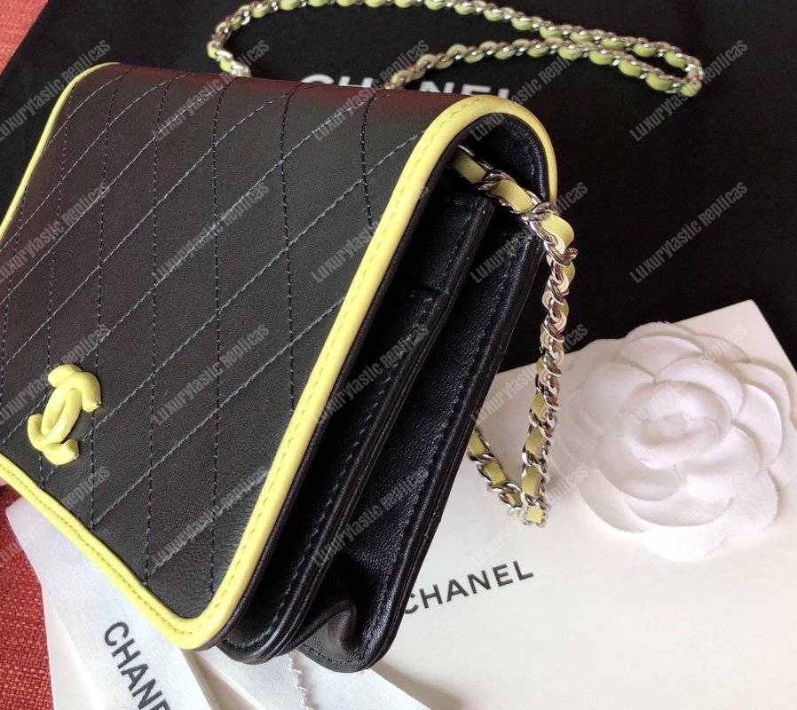Ch*el wallet on chain – woc color pop cc lambskin black