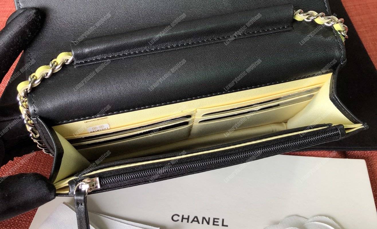 Ch*el wallet on chain – woc color pop cc lambskin black