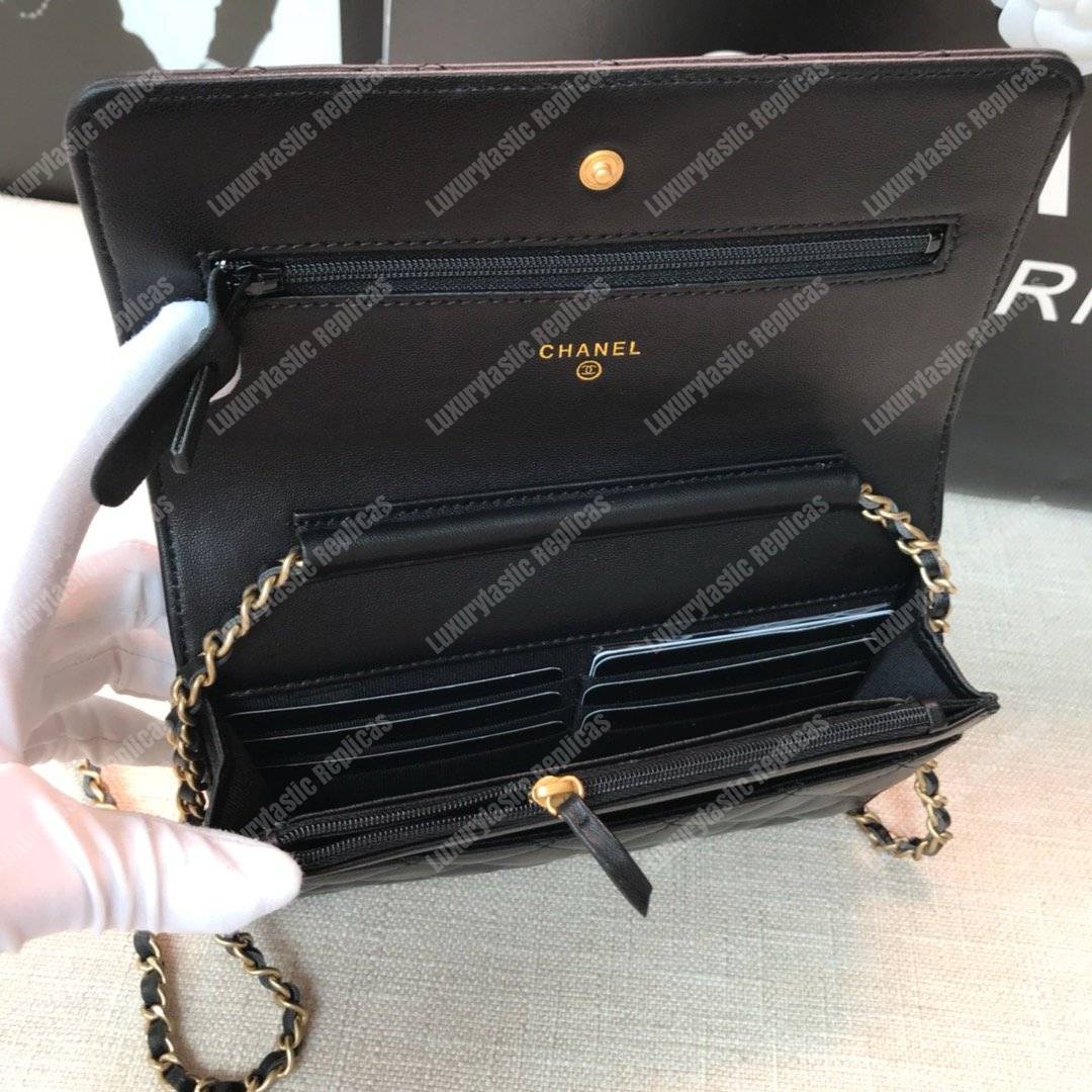 Ch*el wallet on chain – woc grained quilted calfskin black studded