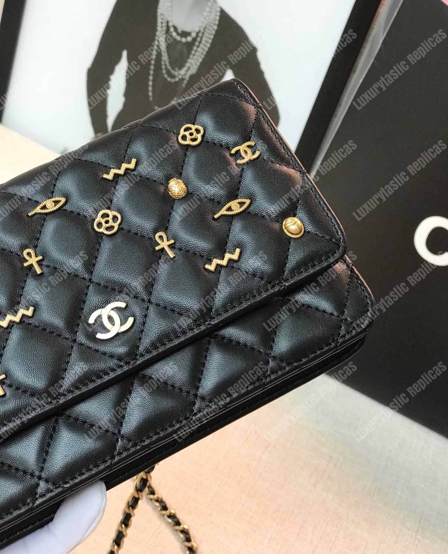 Ch*el wallet on chain – woc grained quilted calfskin black studded