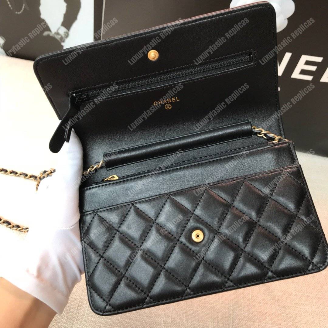 Ch*el wallet on chain – woc grained quilted calfskin black studded