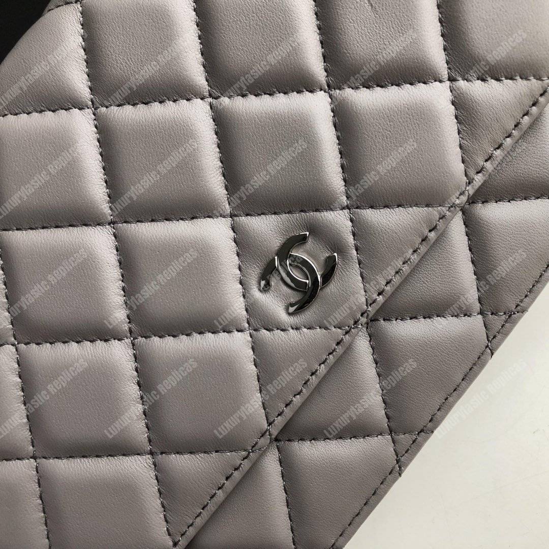 Ch*el wallet on chain – woc quilted lambskin grey silver-toned
