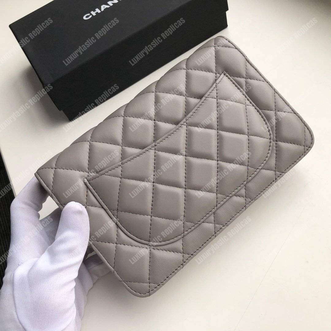 Ch*el wallet on chain – woc quilted lambskin grey silver-toned