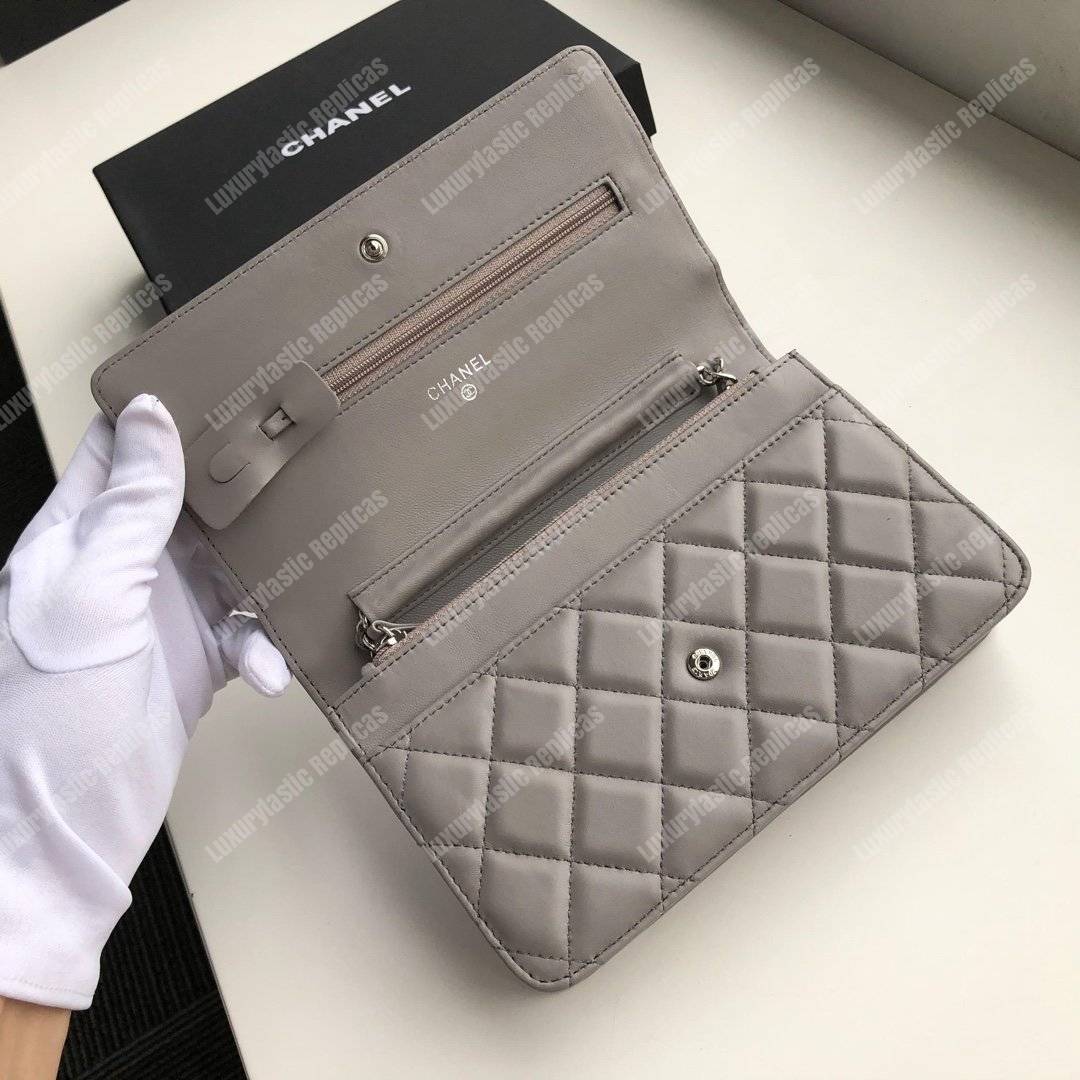 Ch*el wallet on chain – woc quilted lambskin grey silver-toned