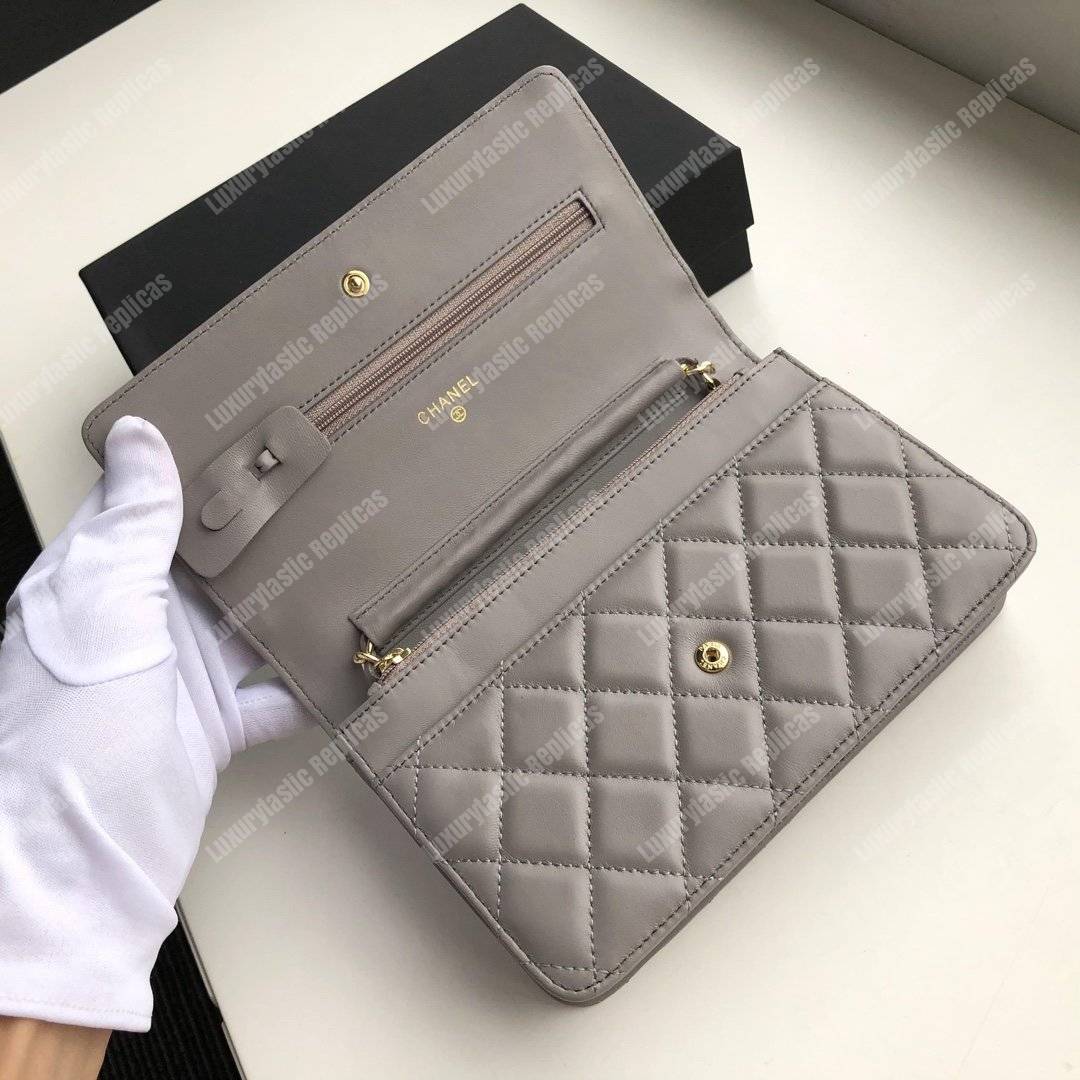 Ch*el wallet on chain – woc quilted lambskin grey gold-toned