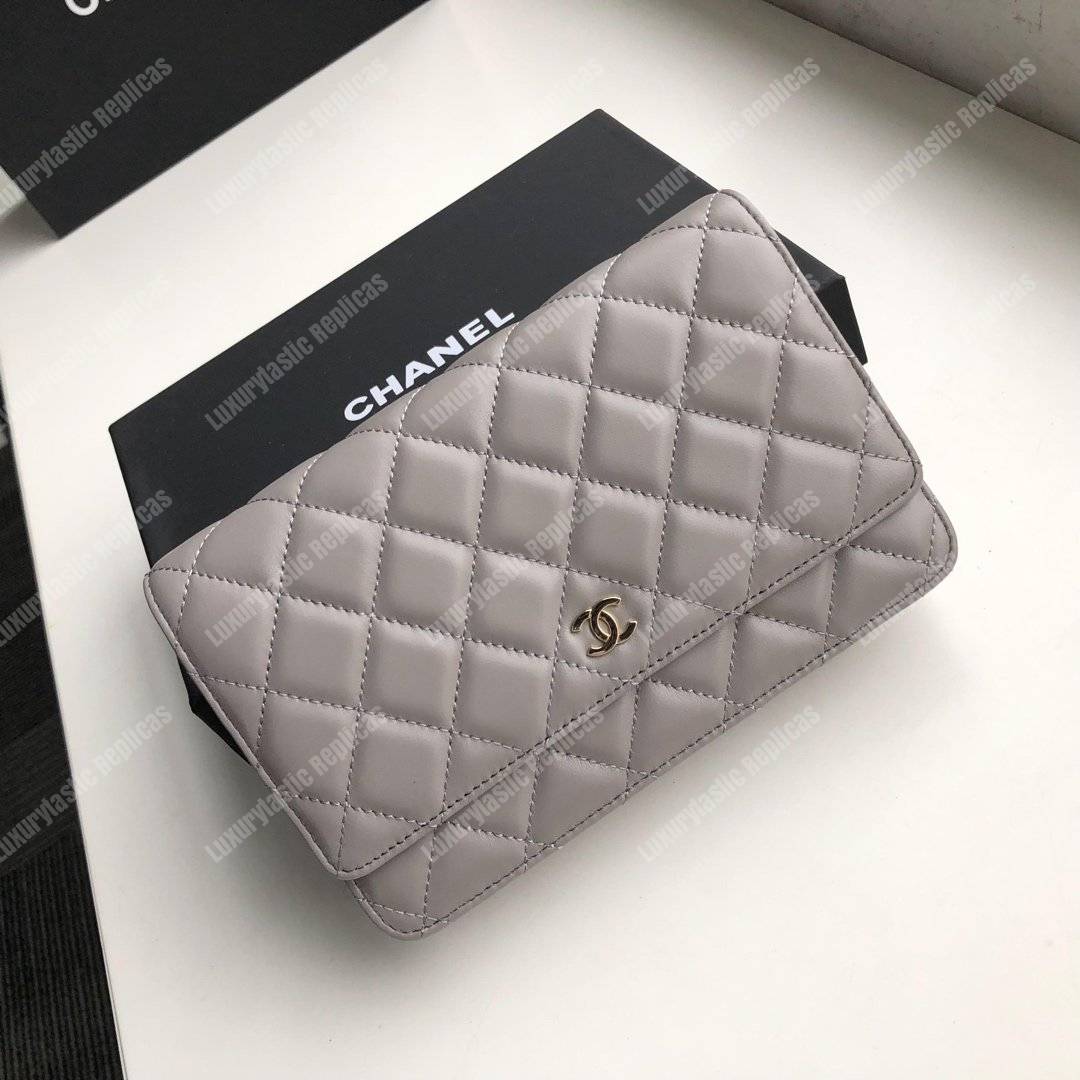 Ch*el wallet on chain – woc quilted lambskin grey gold-toned