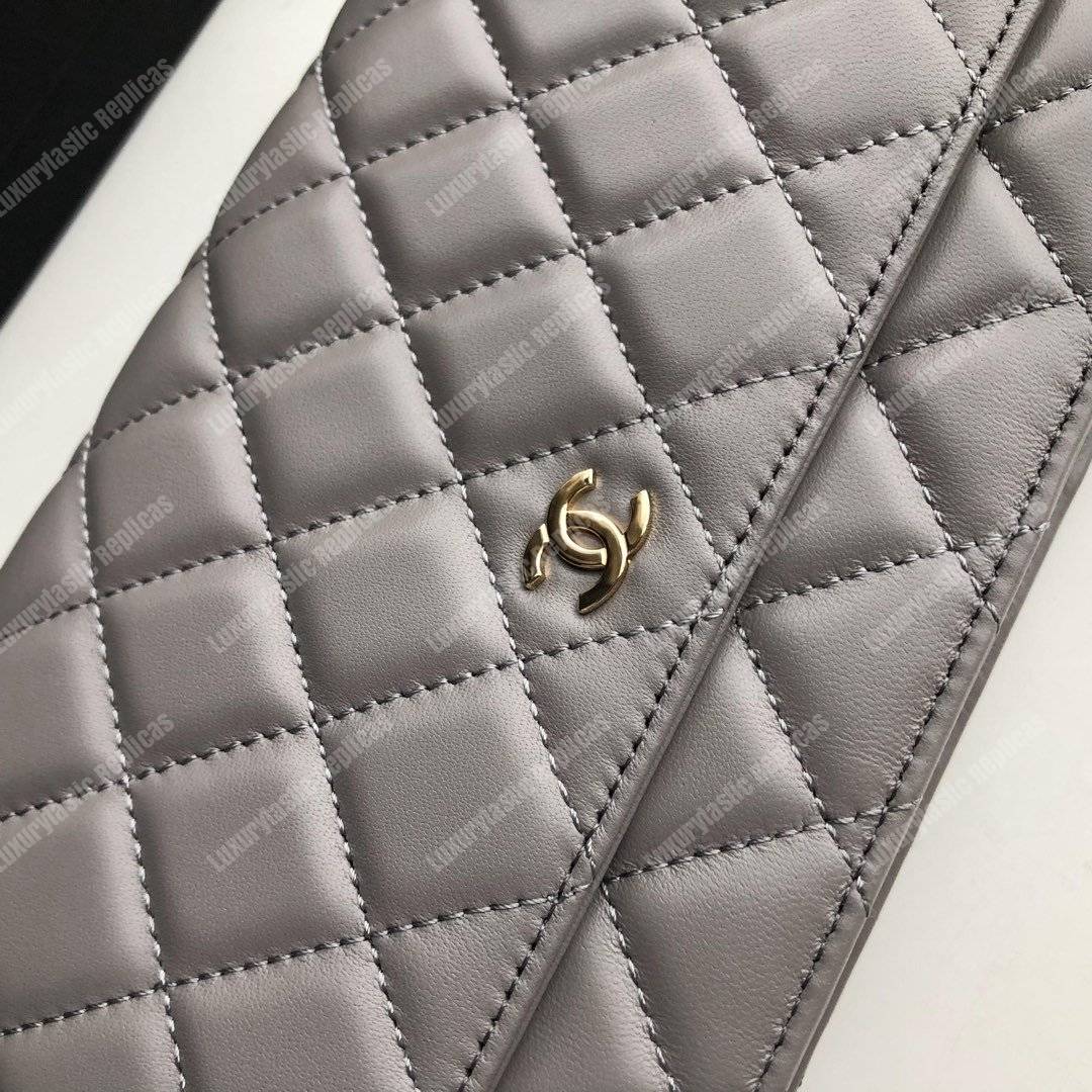 Ch*el wallet on chain – woc quilted lambskin grey gold-toned