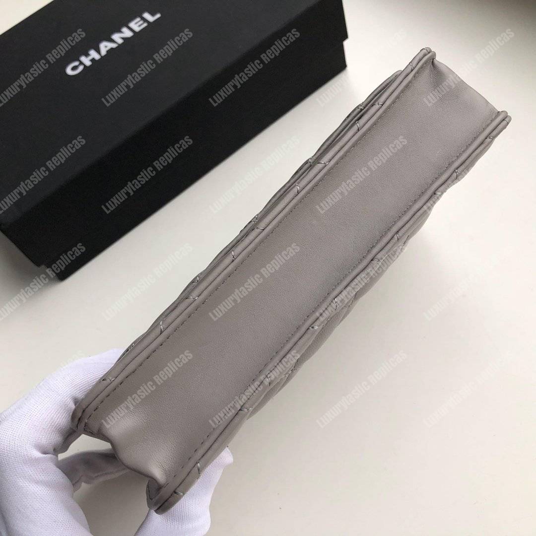 Ch*el wallet on chain – woc quilted lambskin grey gold-toned