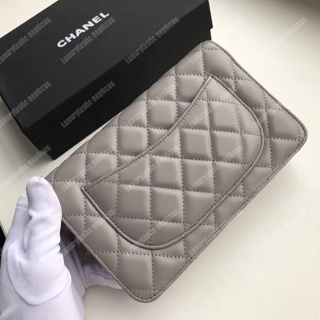 Ch*el wallet on chain – woc quilted lambskin grey gold-toned