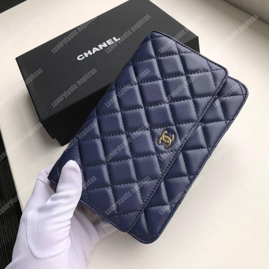 Ch*el wallet on chain – woc quilted lambskin dark blue gold-toned