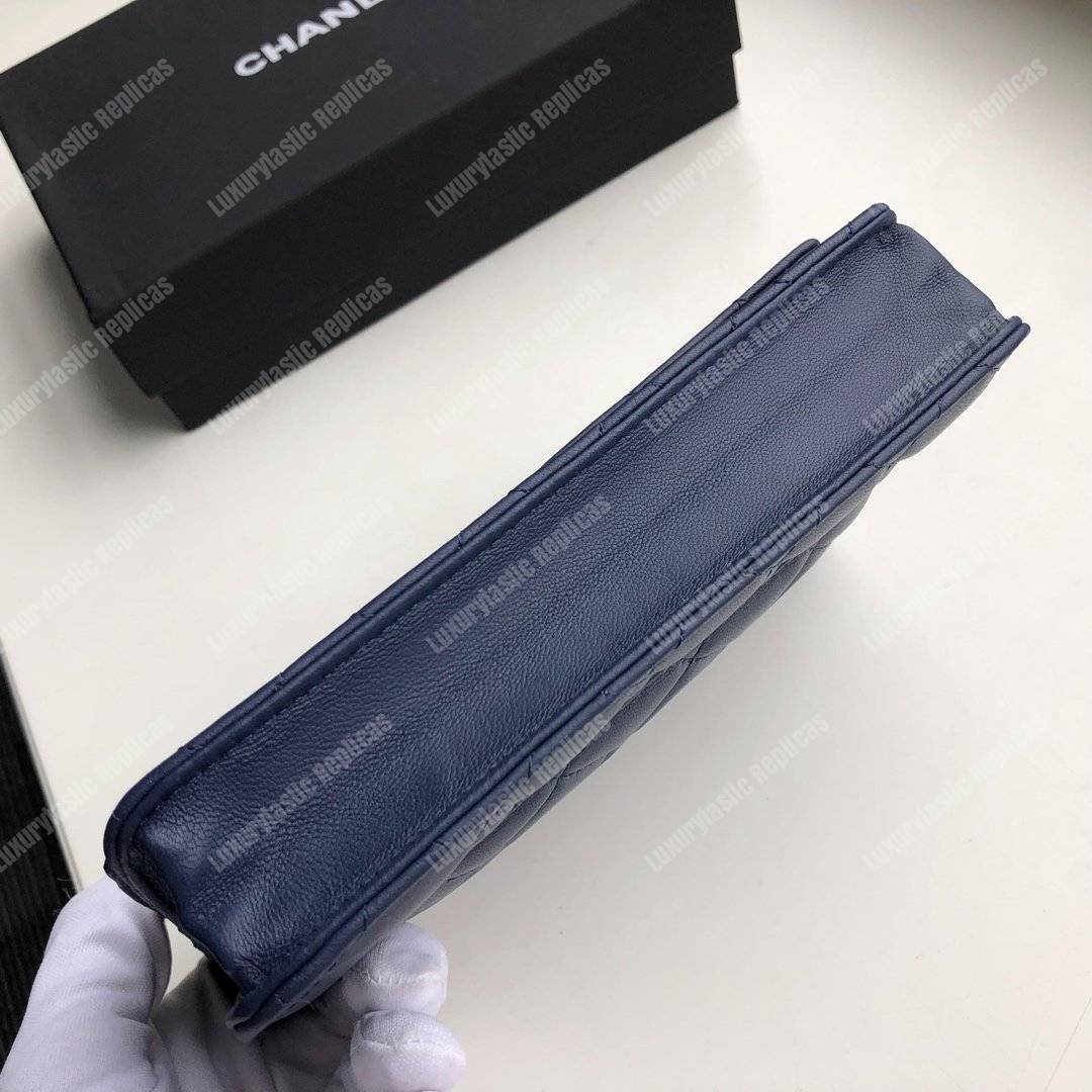 Ch*el wallet on chain – woc quilted lambskin dark blue silver-toned