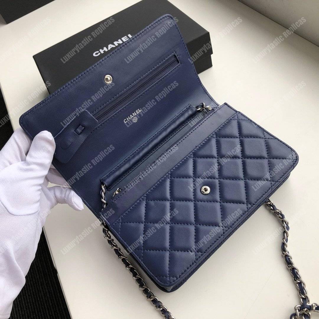 Ch*el wallet on chain – woc quilted lambskin dark blue silver-toned