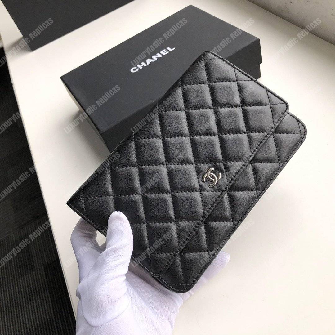 Ch*el wallet on chain – woc quilted lambskin black silver-toned