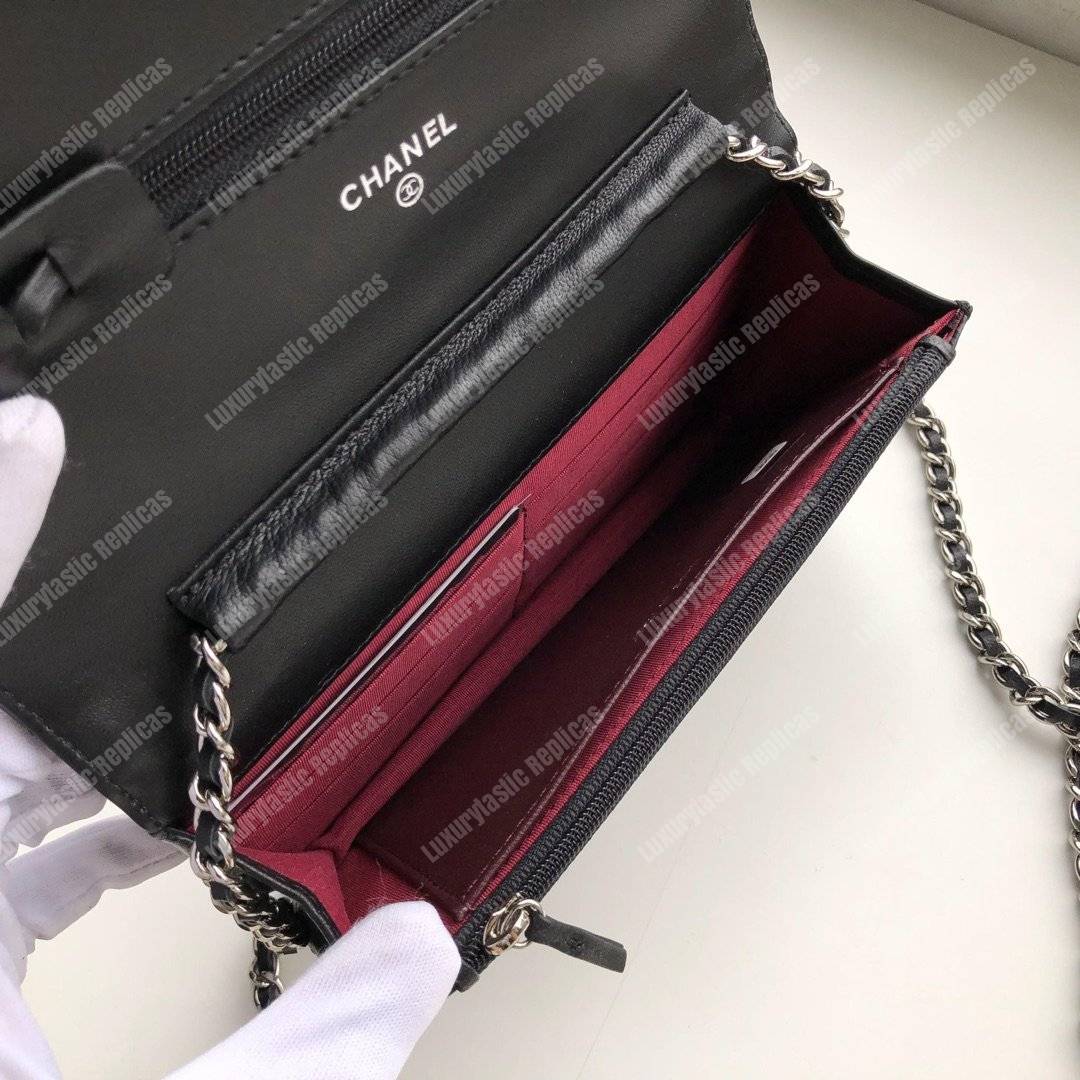 Ch*el wallet on chain – woc quilted lambskin black silver-toned