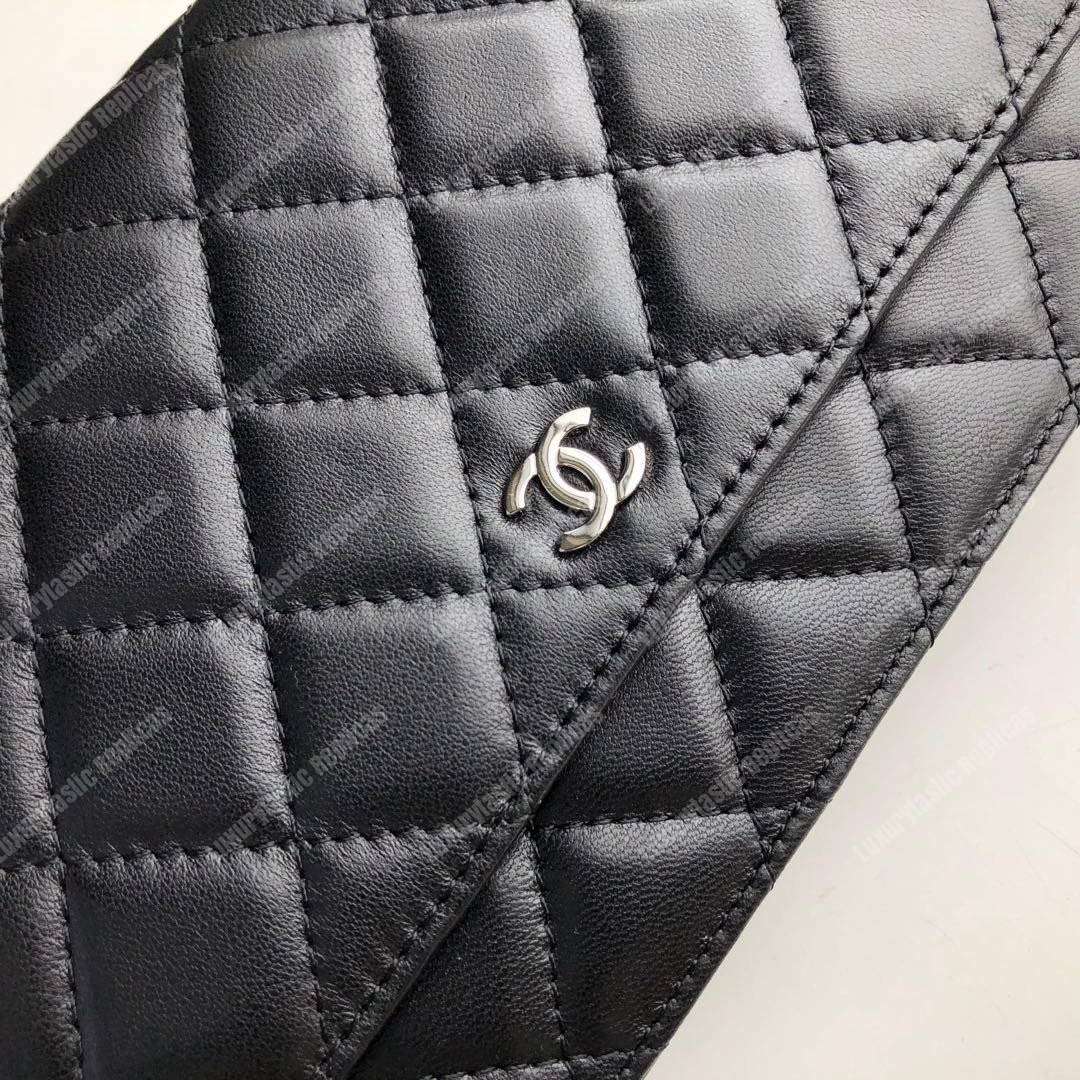 Ch*el wallet on chain – woc quilted lambskin black silver-toned
