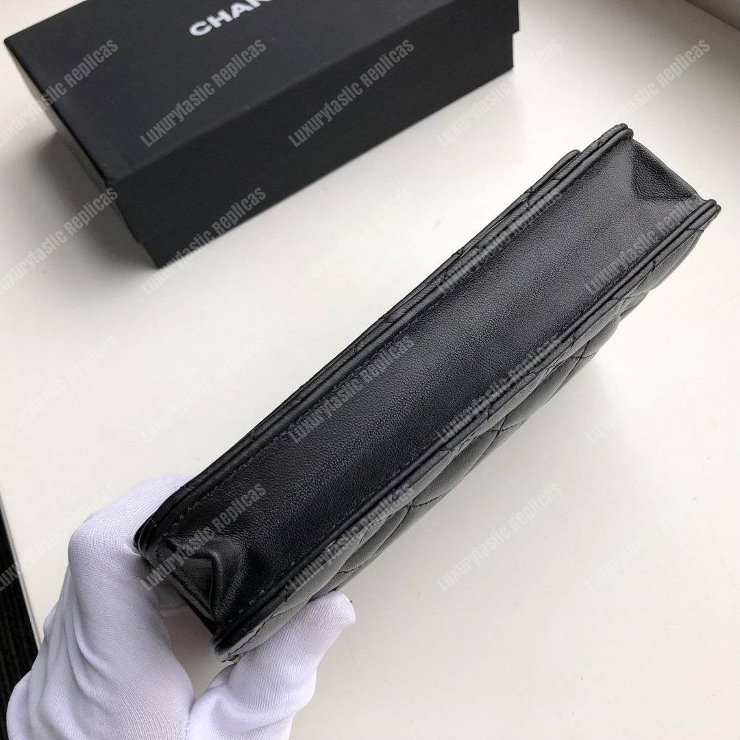 Ch*el wallet on chain – woc quilted lambskin black silver-toned