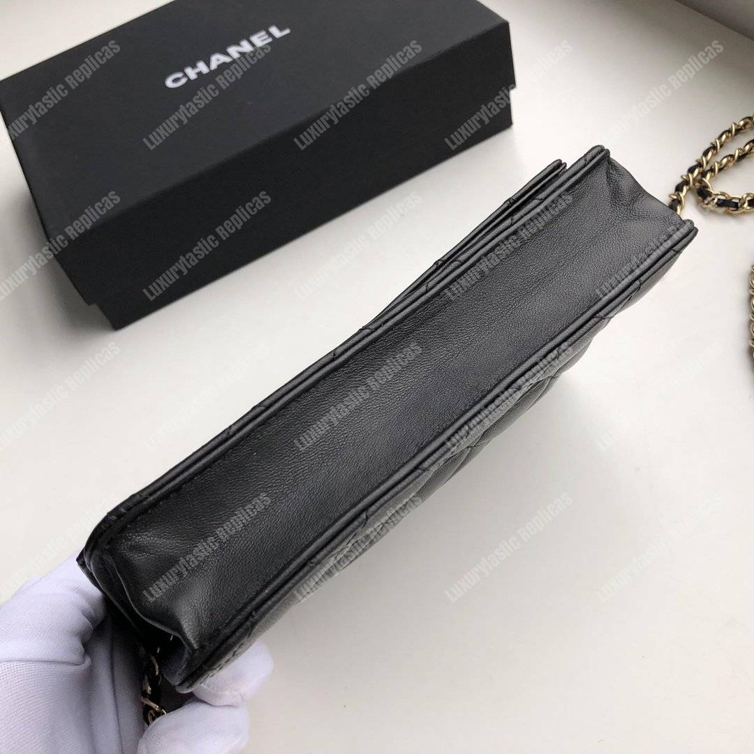 Ch*el wallet on chain – woc quilted lambskin black gold-toned
