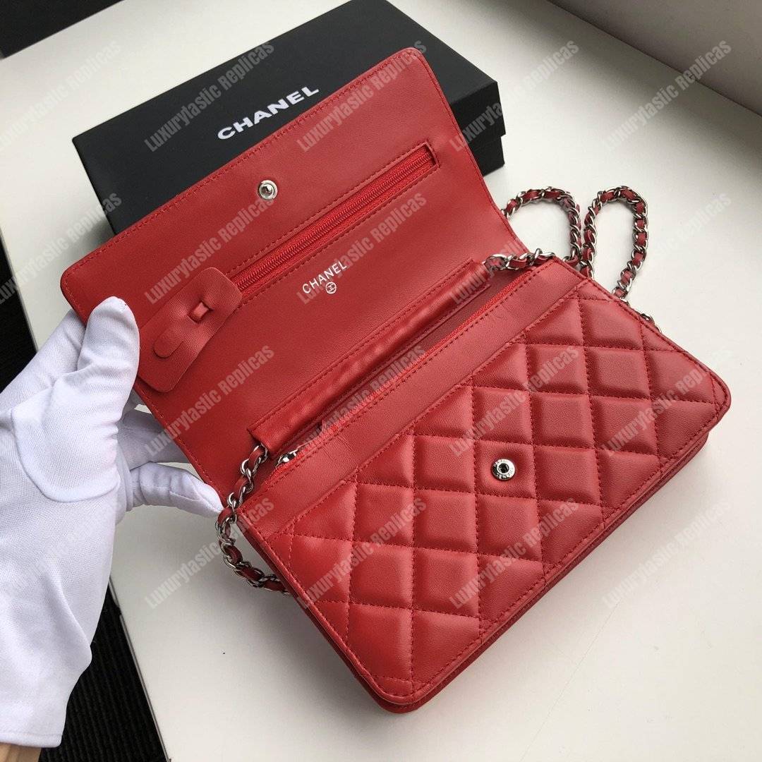 Ch*el wallet on chain – woc quilted lambskin red silver-toned