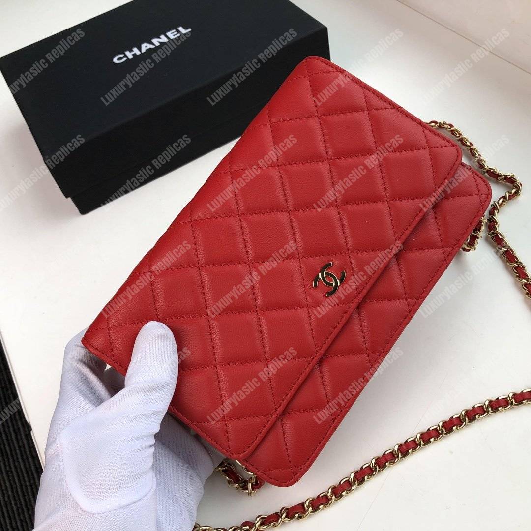 Ch*el wallet on chain – woc quilted lambskin red gold-toned