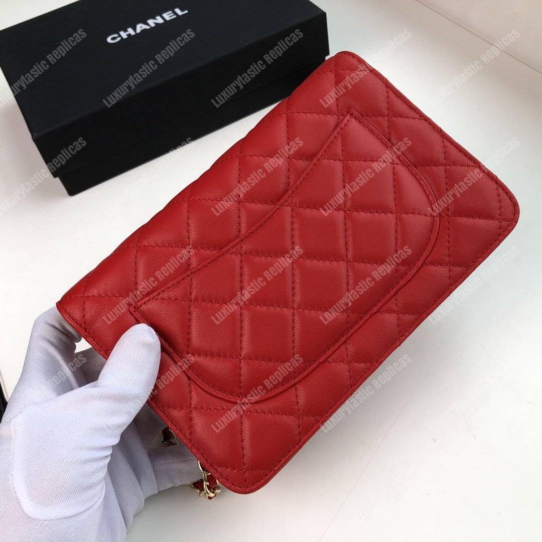 Ch*el wallet on chain – woc quilted lambskin red gold-toned